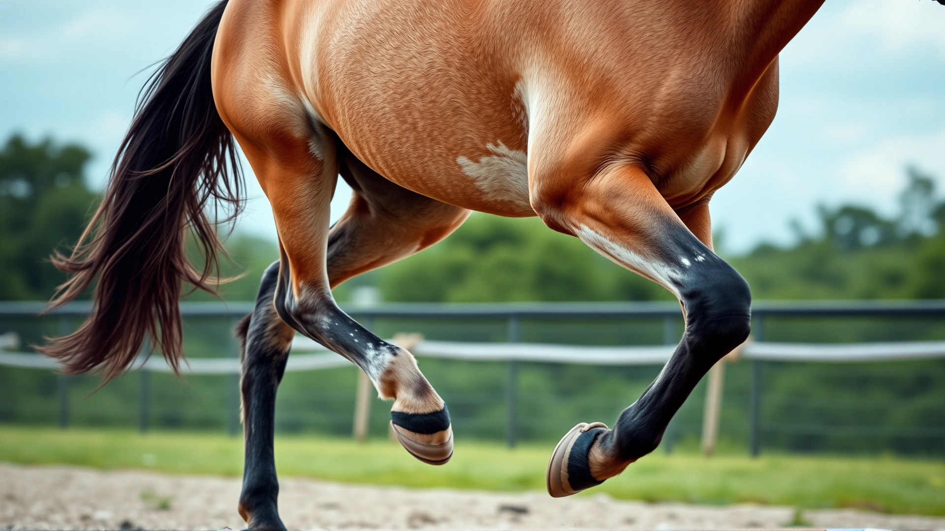 Side profile of a horse in mid-stride on a training track, highlighting the hind limb in clear detail; background slightly blurred for motion effect.