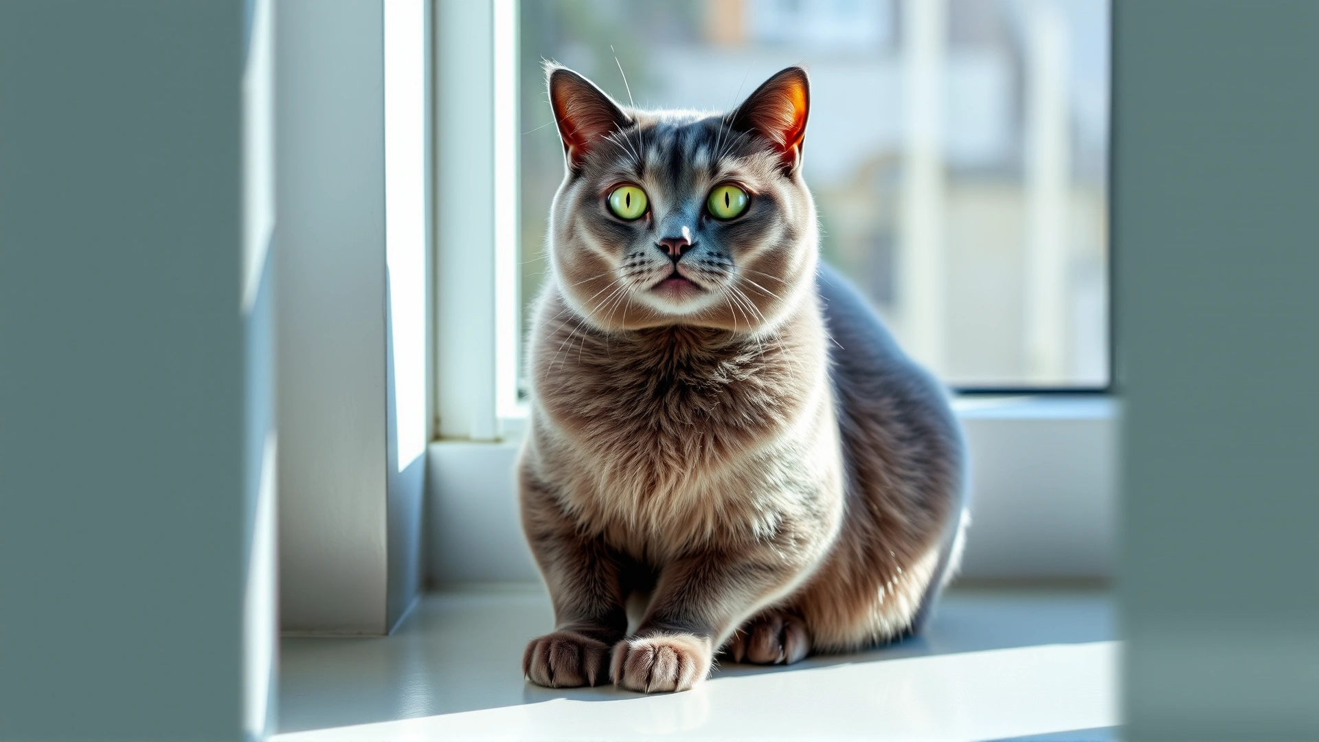 Elegant Russian Blue cat sitting on a windowsill with natural light highlighting its blue-gray coat and green eyes, no text.
