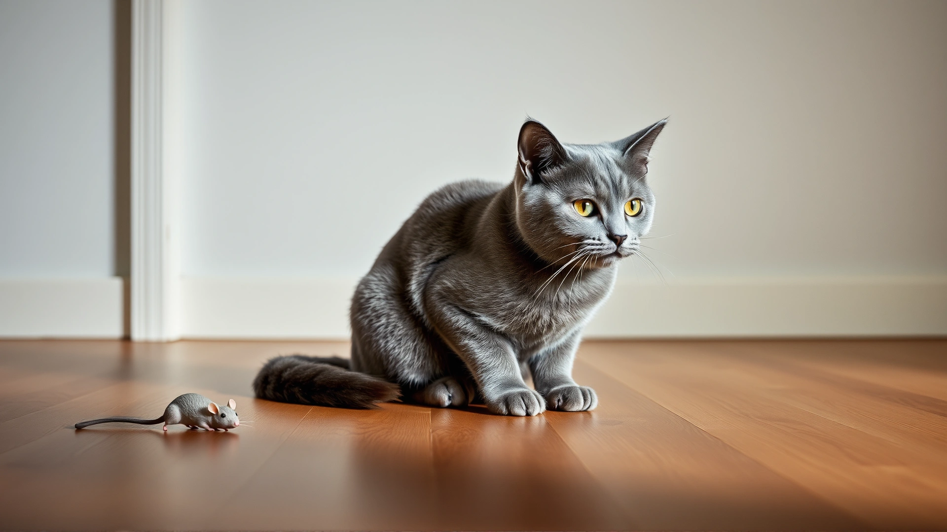 A Russian Blue cat sitting alone on a wooden floor with a toy mouse nearby, illustrating independent playtime