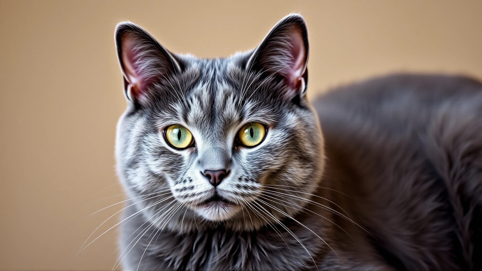 Elegant Russian Blue cat with dense silver-blue fur gazing calmly at the camera, softly blurred background.