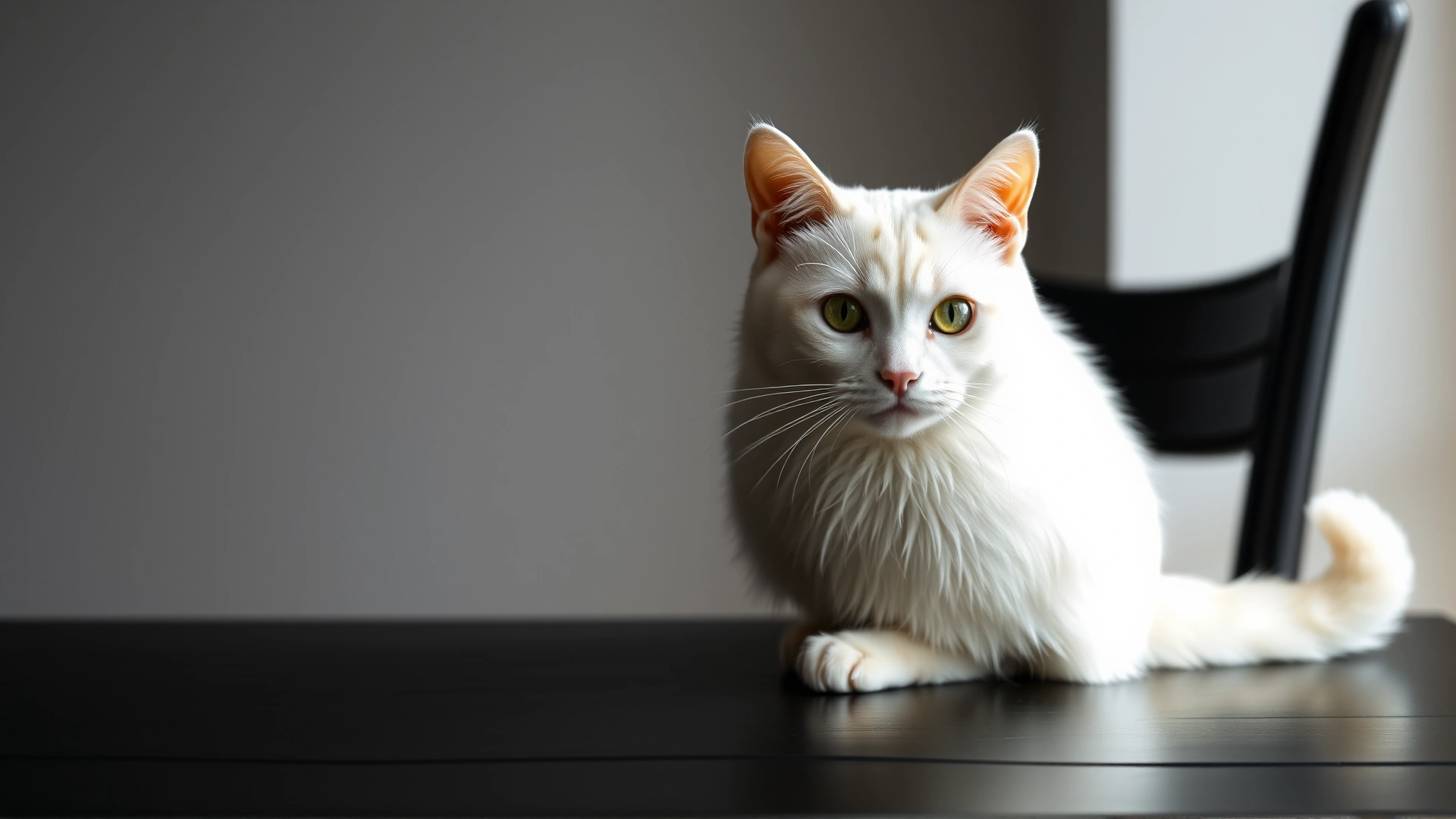 Russian White cat sitting elegantly on a dark wooden table, contrast background, no text