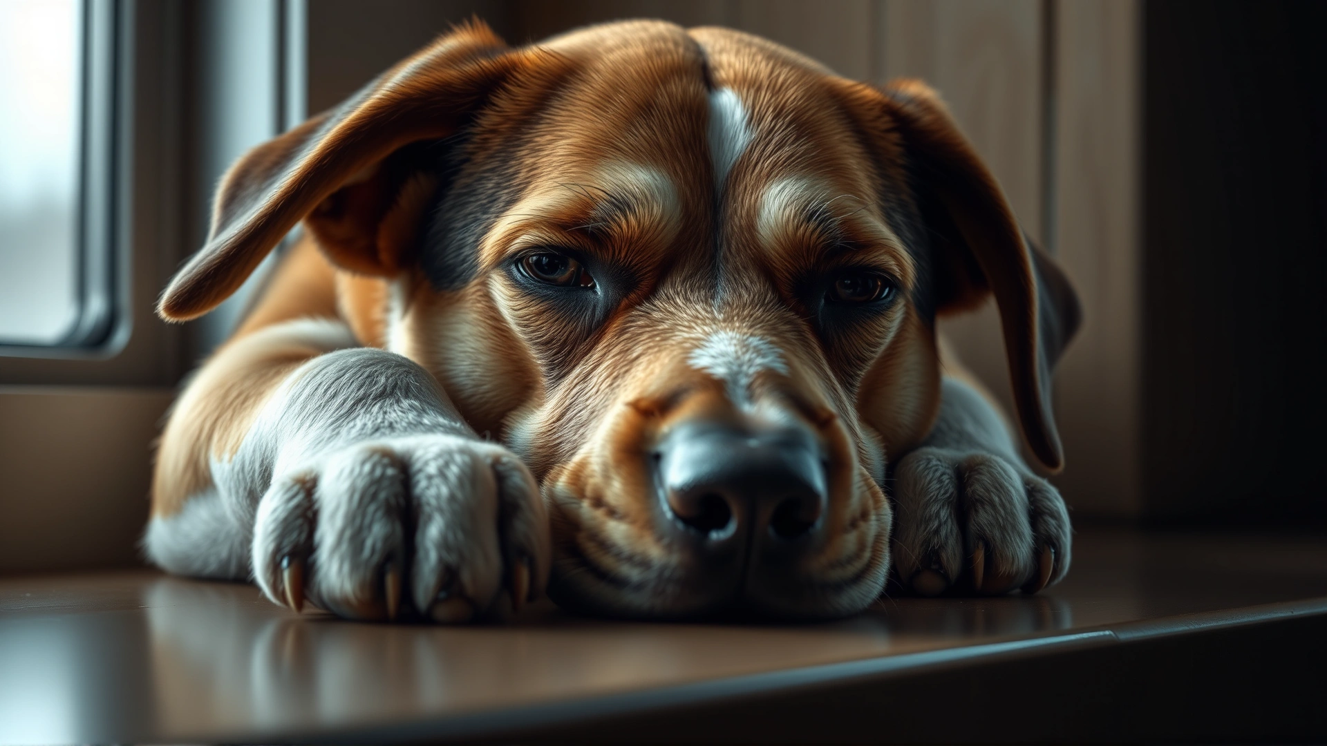 Close-up of a sad dog resting its head on its paws by a window with moody lighting, expressing boredom and depression.