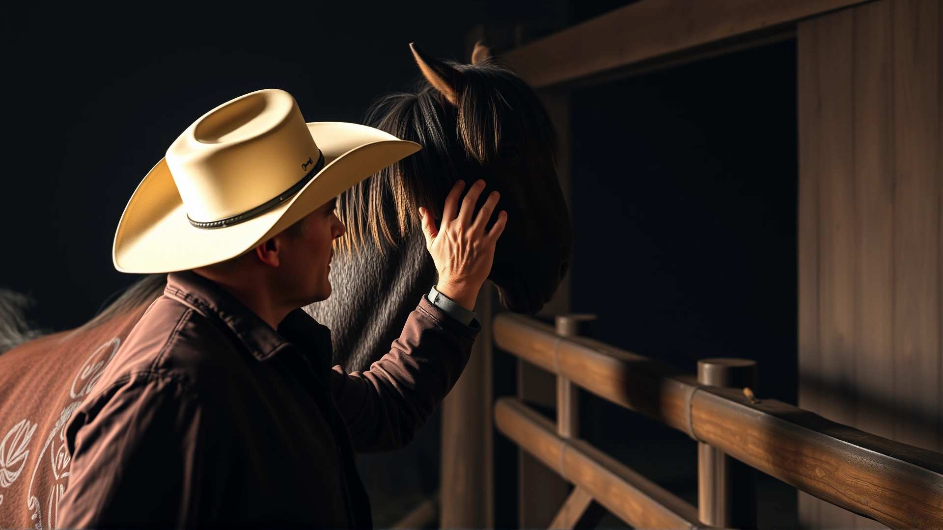 Horse owner wearing cowboy hat gently stroking forehead of a sick horse in dimly lit barn, conveying emotional aspect, realistic photo