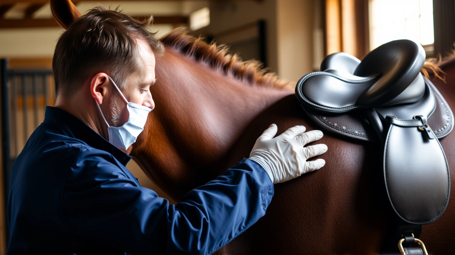 A veterinarian assessing saddle fit on a bay horse, gently running a hand along the horse’s back, stable setting, warm natural lighting