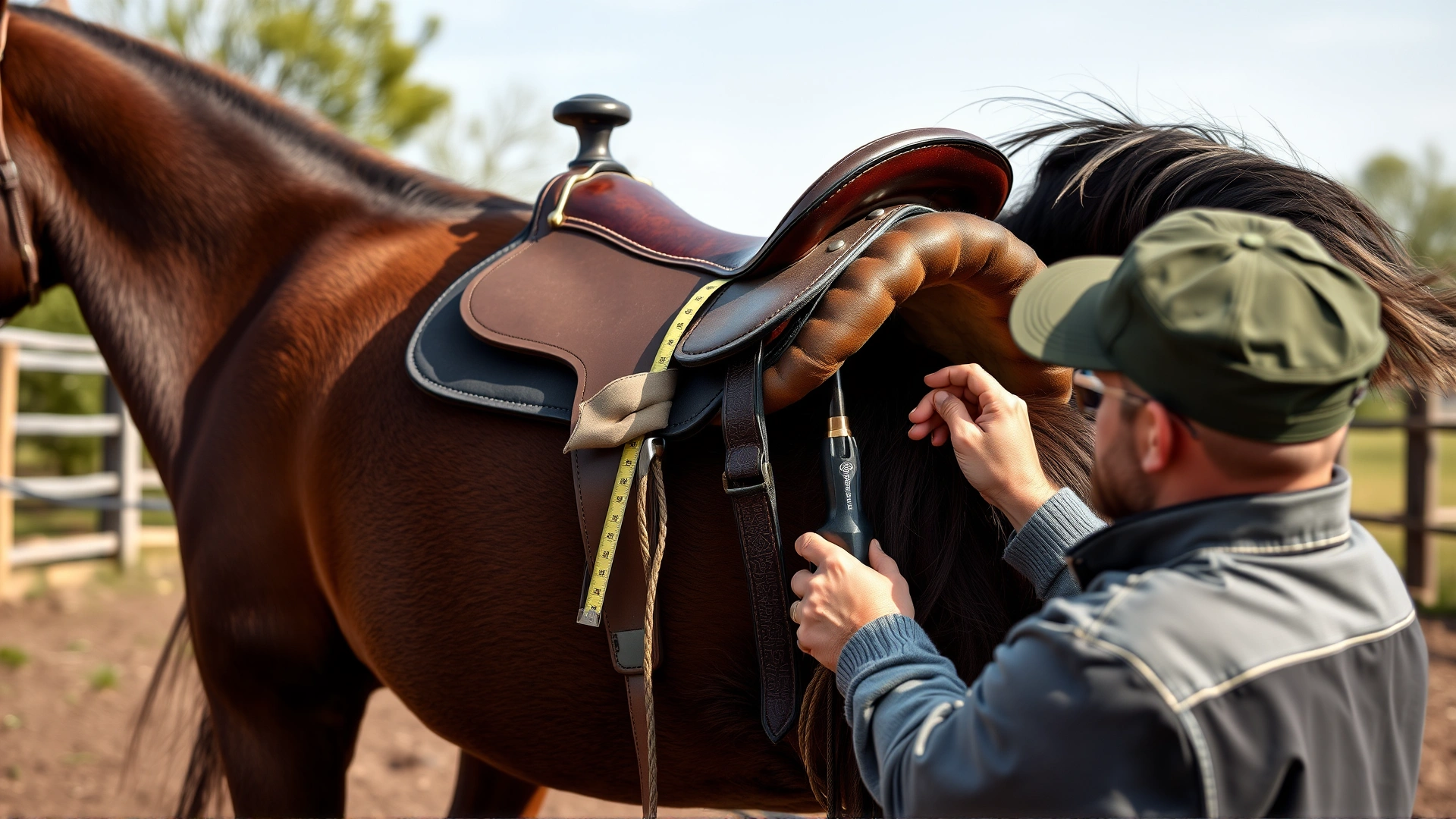 Saddle fitter checking clearance under the saddle tree on a standing horse, showing hand measurement and professional tools