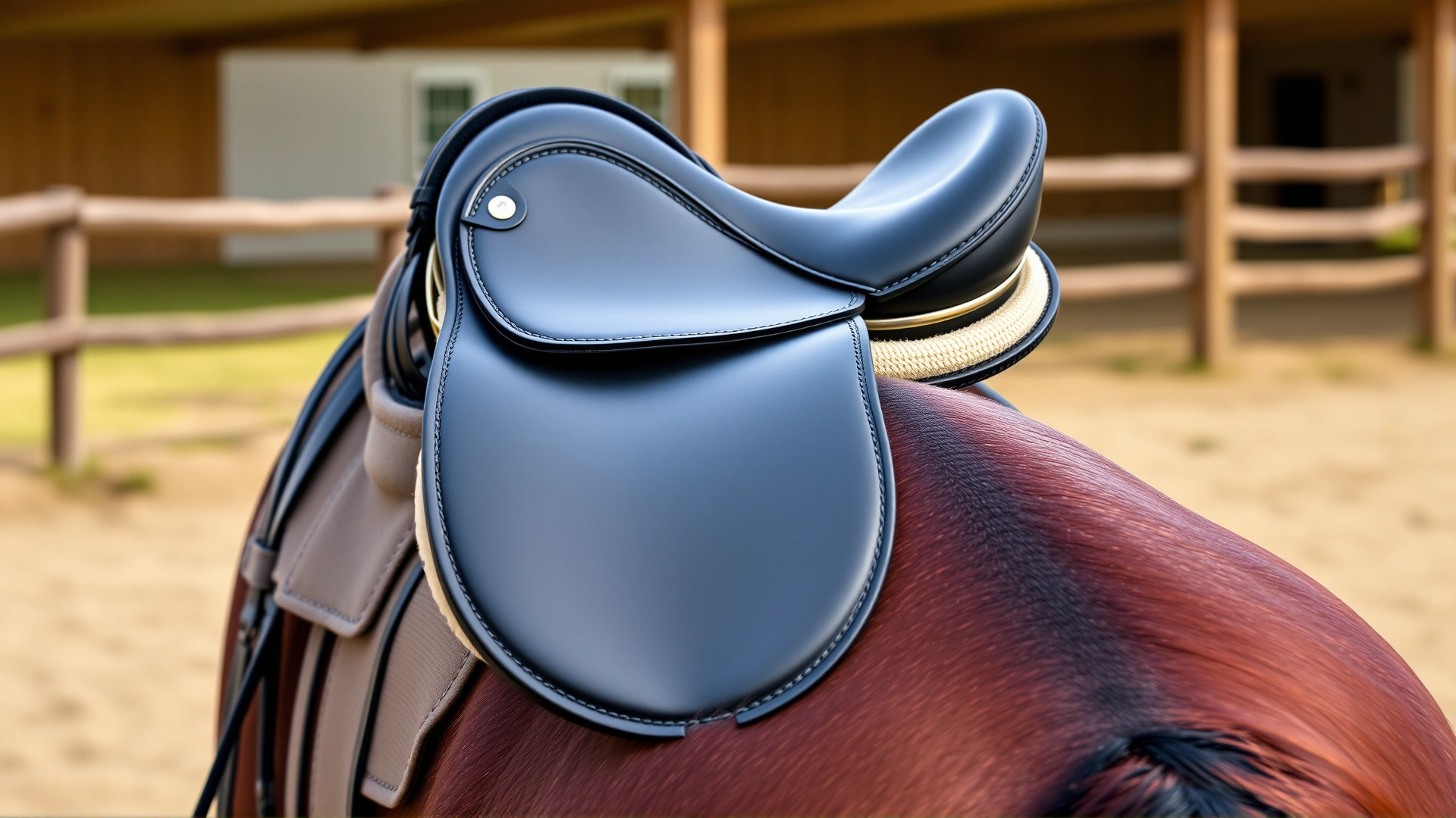 Close-up shot of a properly fitted saddle on a horse's back showing correct padding and alignment, outdoor riding arena.