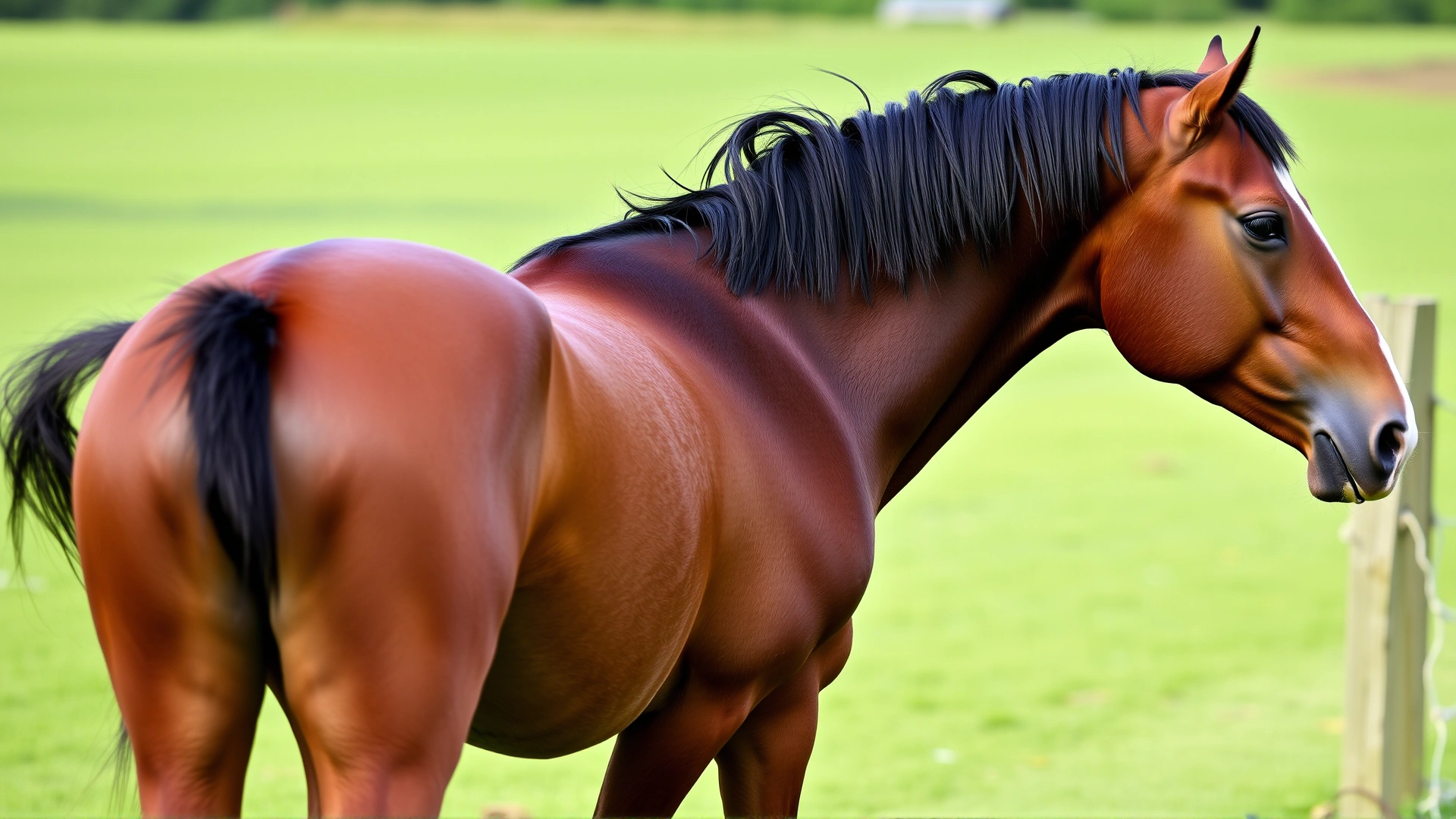 Side profile shot of a well-groomed American Saddlebred standing in a green pasture, showing its arched neck and elevated tail.