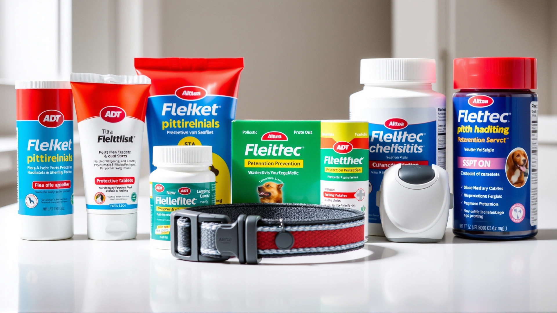 Arrangement of various veterinarian-approved flea and tick prevention products (spot-on tubes, chewable tablets, and a protective collar) neatly displayed on a white countertop, studio lighting.