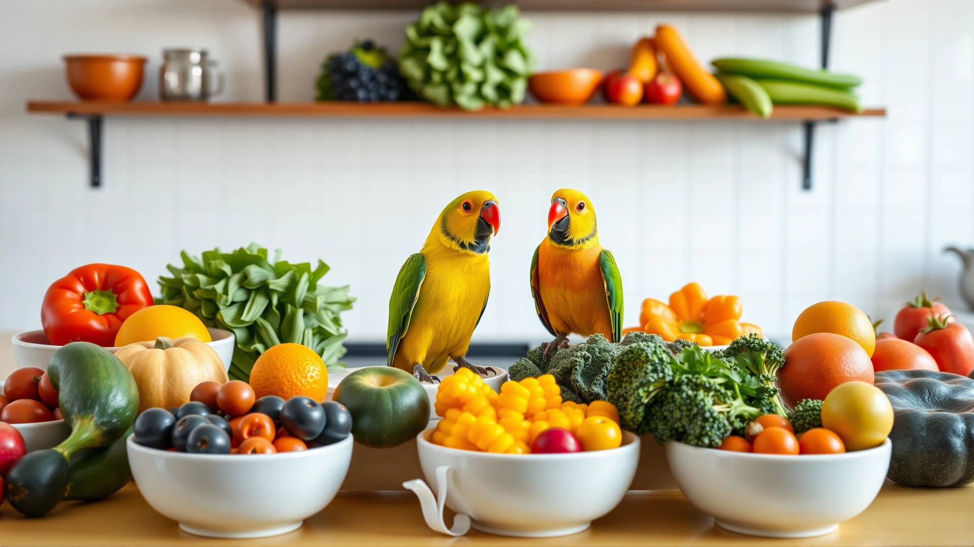 Colorful assortment of bird-safe fruits and vegetables neatly arranged in small bowls on a bright countertop