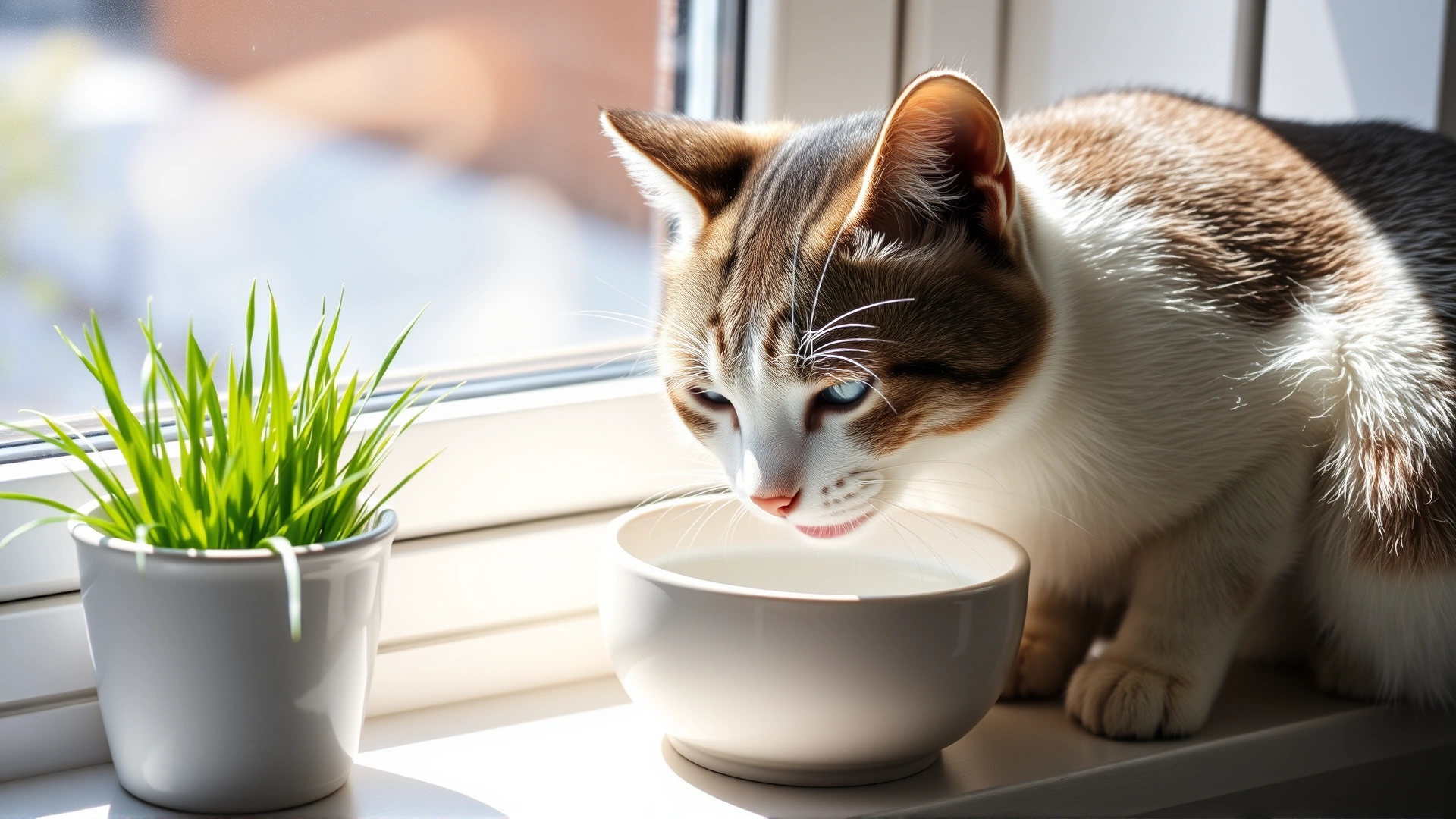Content cat drinking fresh water from a ceramic bowl beside a small pot of cat grass on a sunny windowsill