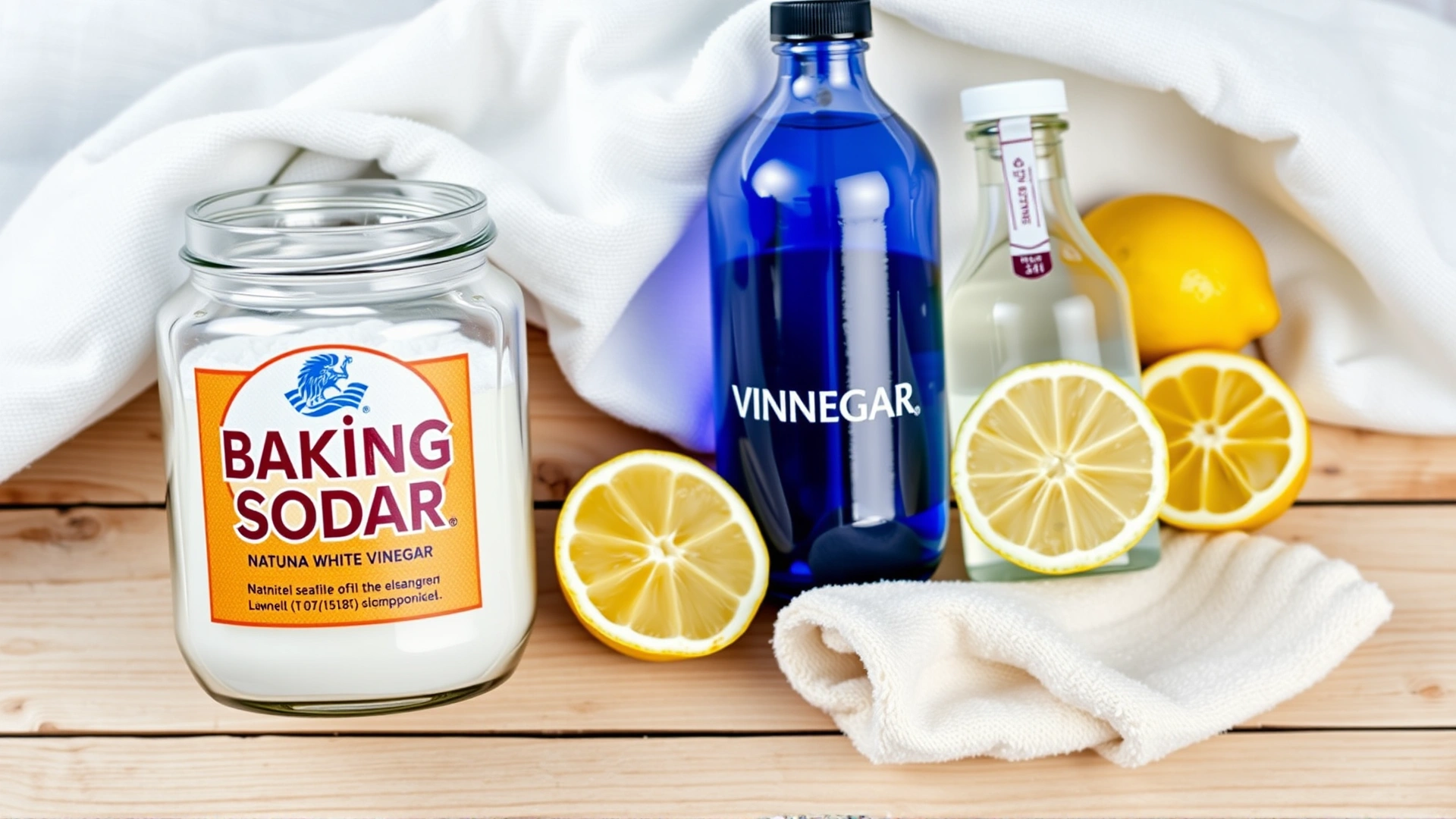 Flat lay of natural cleaning ingredients: glass jar of baking soda, bottle of white vinegar, lemon halves, and soft cloth on wooden surface