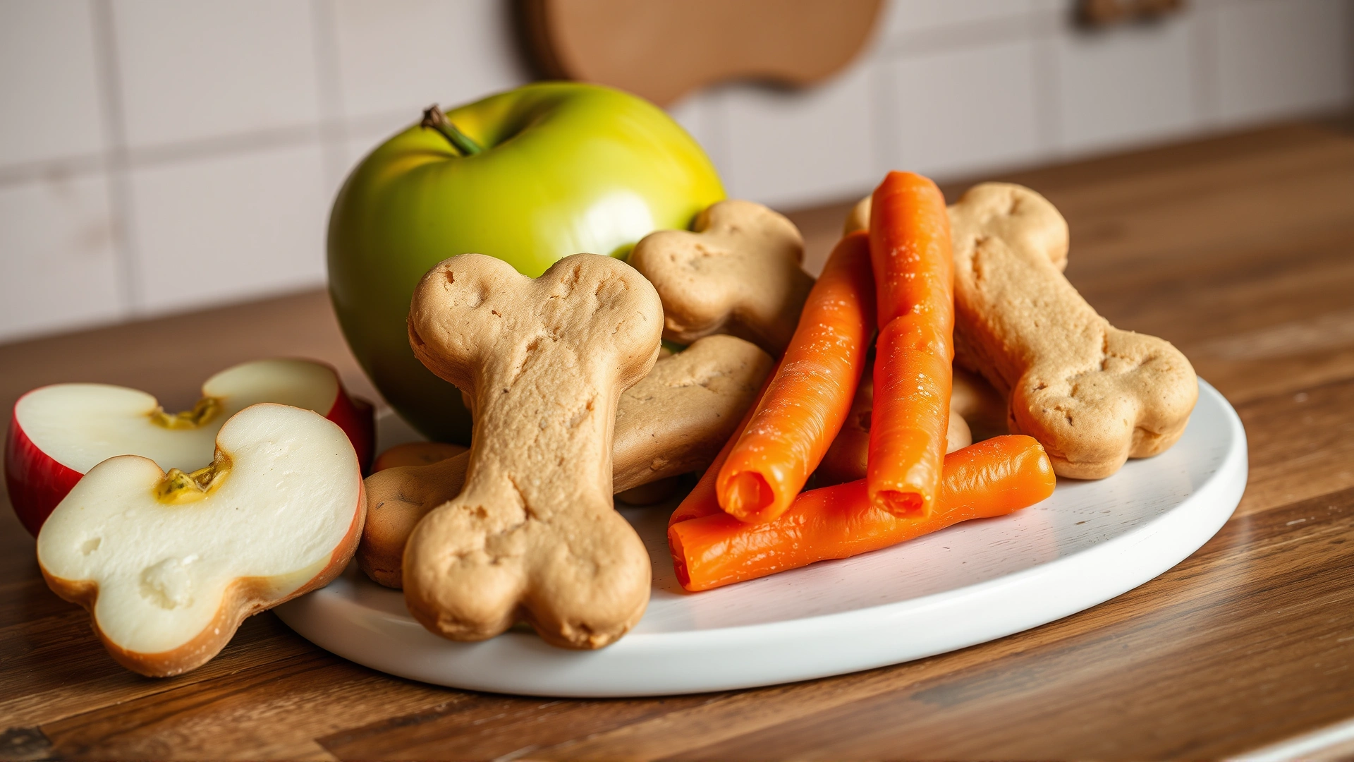 Homemade dog treats shaped like bones placed next to fresh apple slices and baby carrots on a rustic kitchen counter.