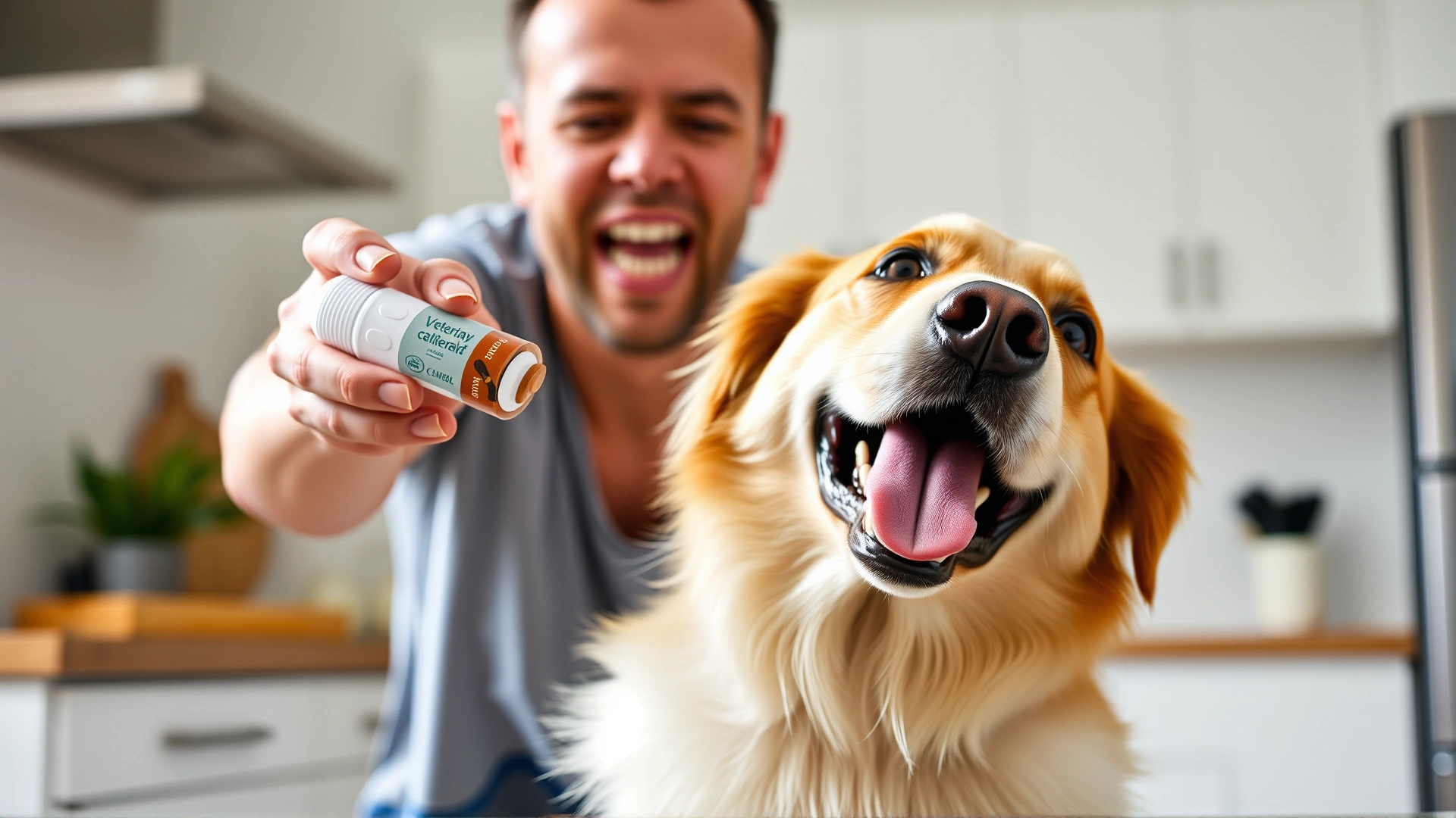 Owner giving a flavored veterinary chewable tablet to a happy dog in a bright kitchen setting.