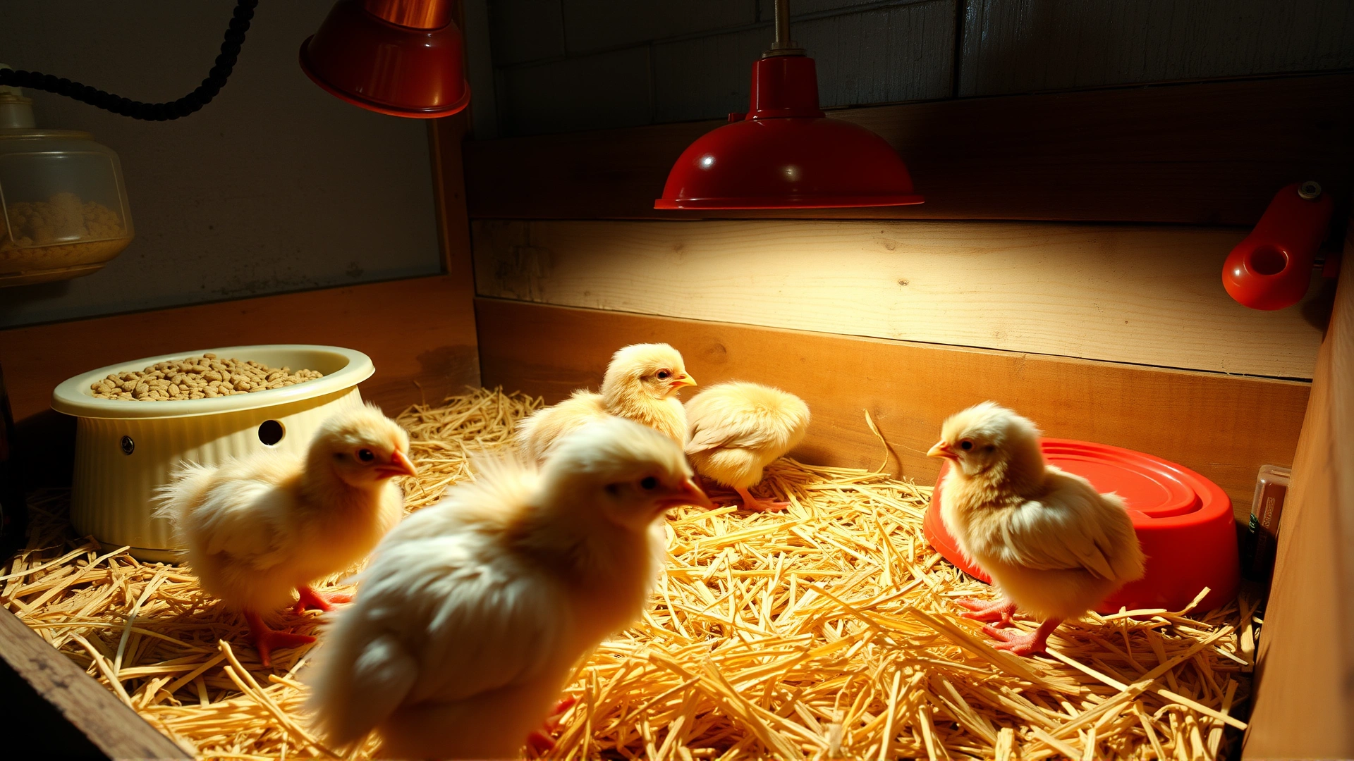 A well-equipped indoor brooder with heat lamp, feed, water dish and several naturally colored chicks exploring straw bedding