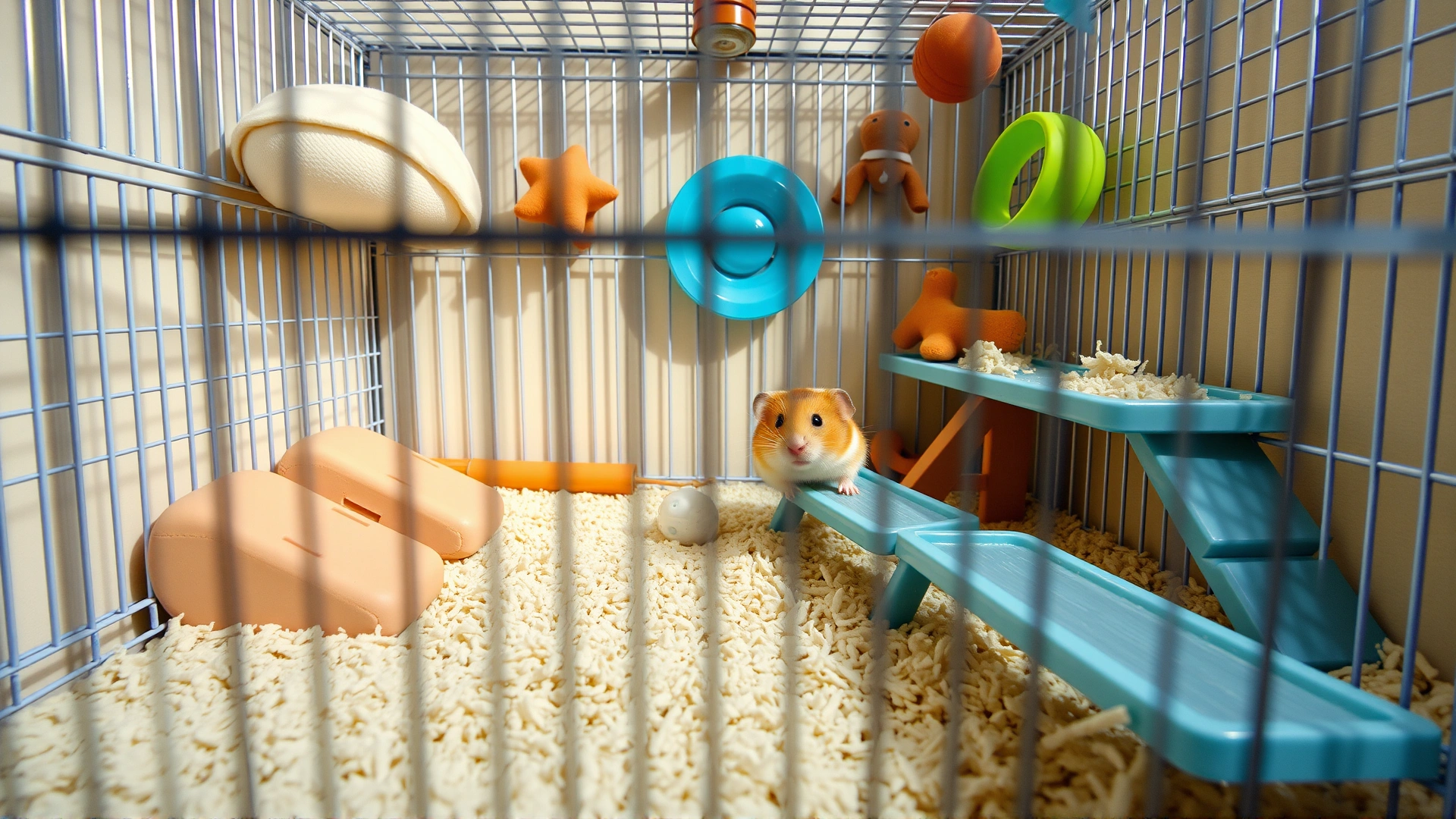 Well-arranged hamster cage with low platforms, gentle ramps, soft bedding, and chew toys, photographed from eye level, bright setup