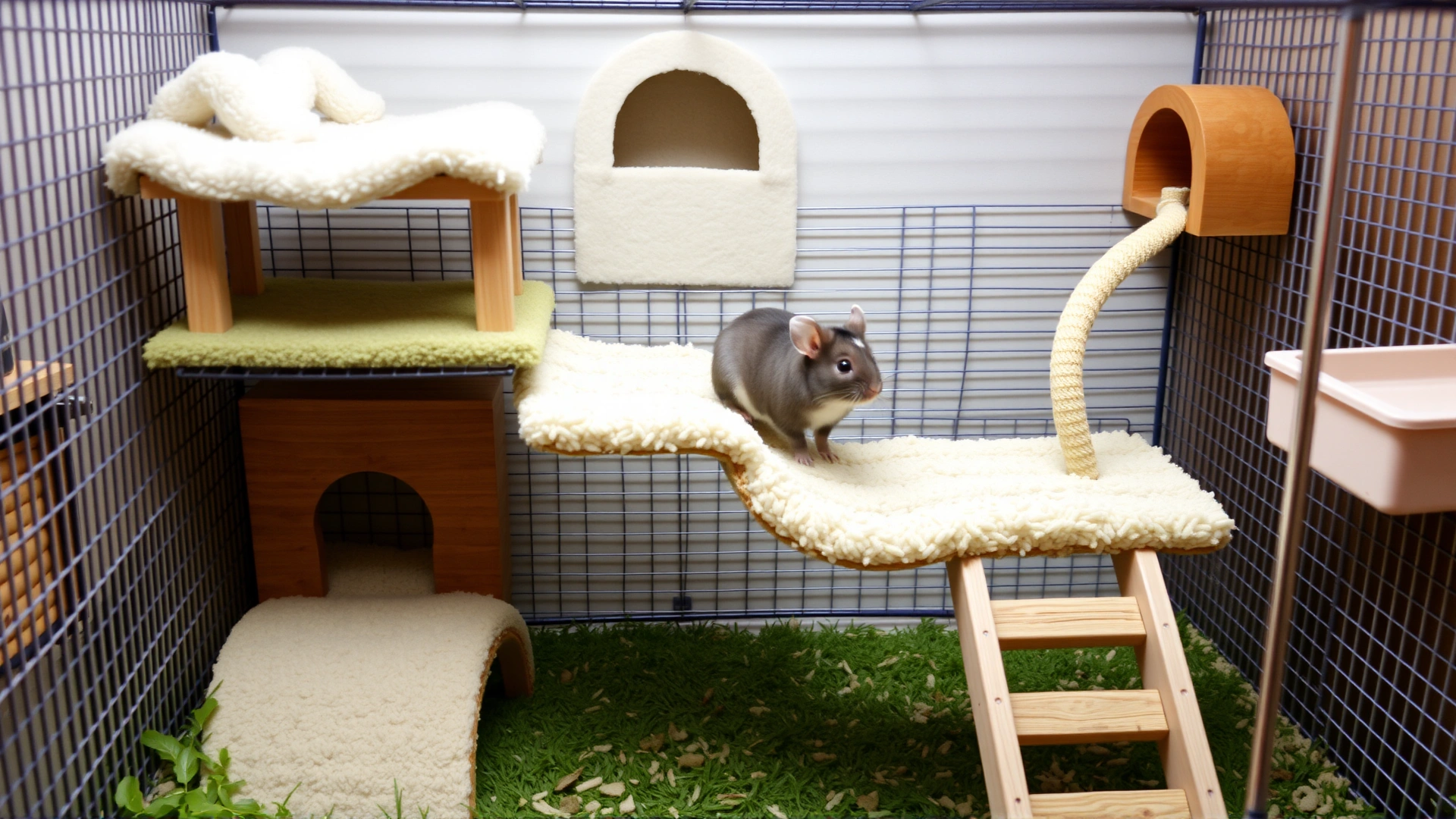 Well-designed chinchilla cage with multiple levels, safe ramps, and soft bedding demonstrating an enriched yet secure environment.