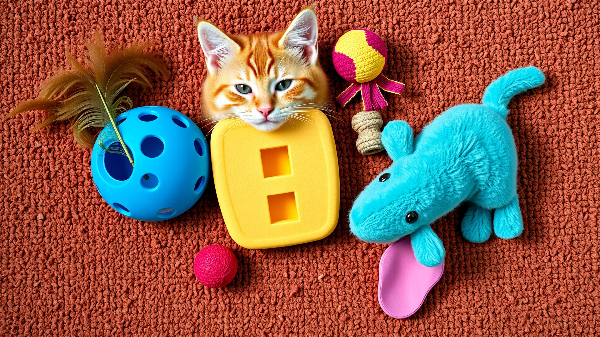 Collection of cat-safe toys such as feather wand, puzzle feeder, and plush mouse neatly arranged on a rug, bright colors