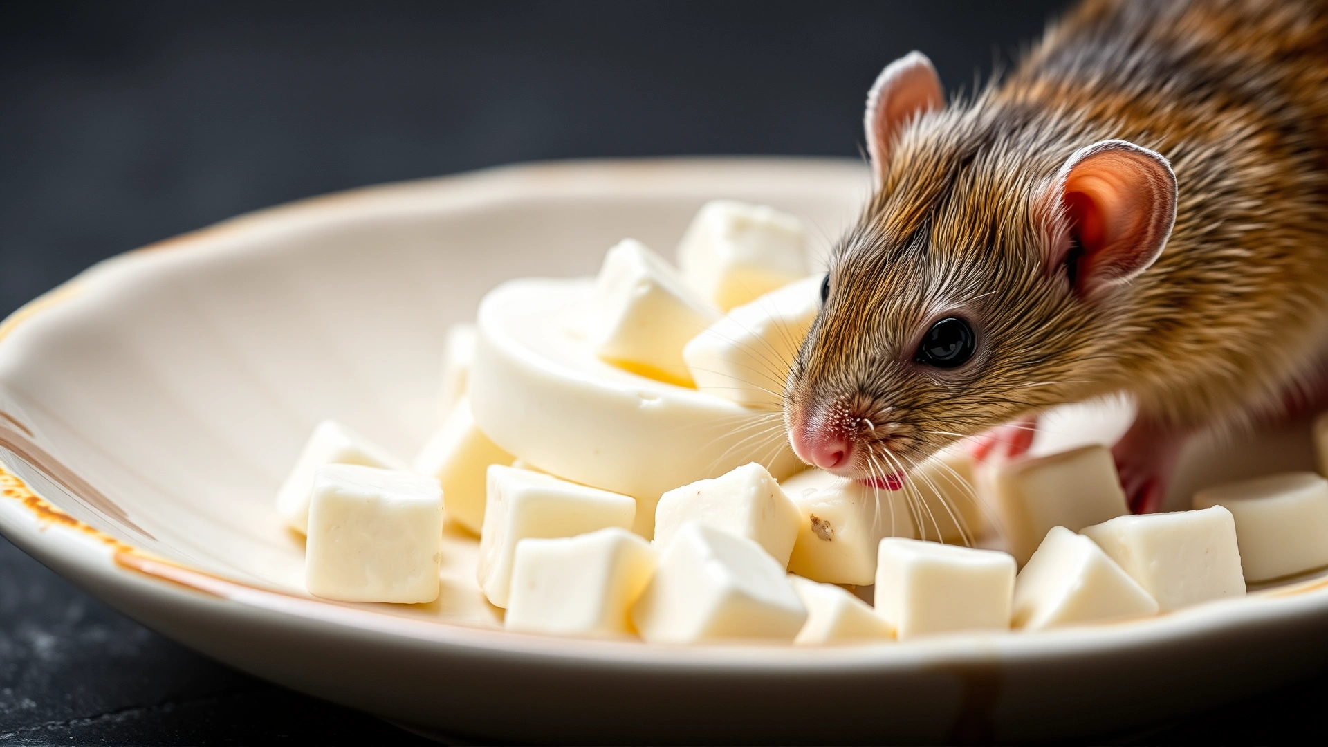 Small ceramic plate with tiny cubes of cottage cheese and mozzarella with a domestic rat nibbling, close-up, soft focus