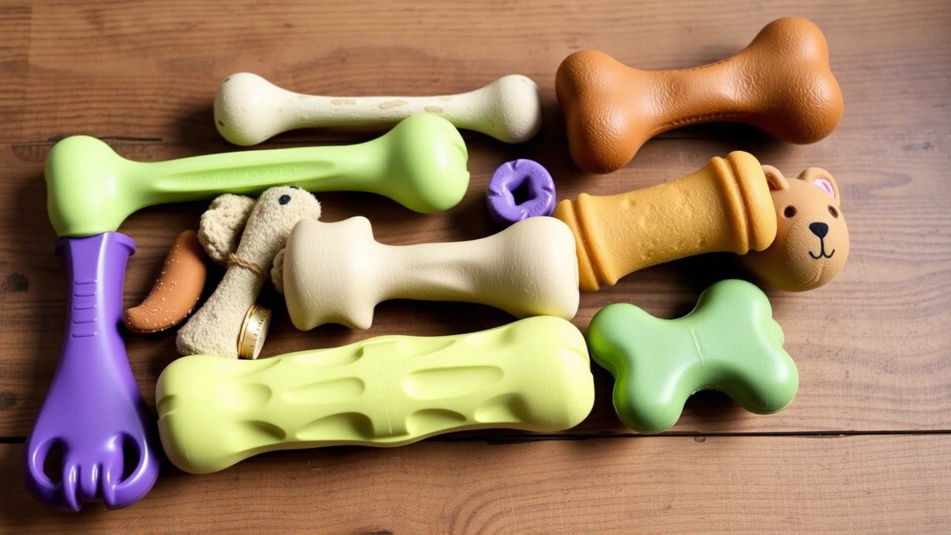 Assortment of safe dog chew toys and edible dental chews arranged neatly on a wooden surface, bright overhead lighting, no text