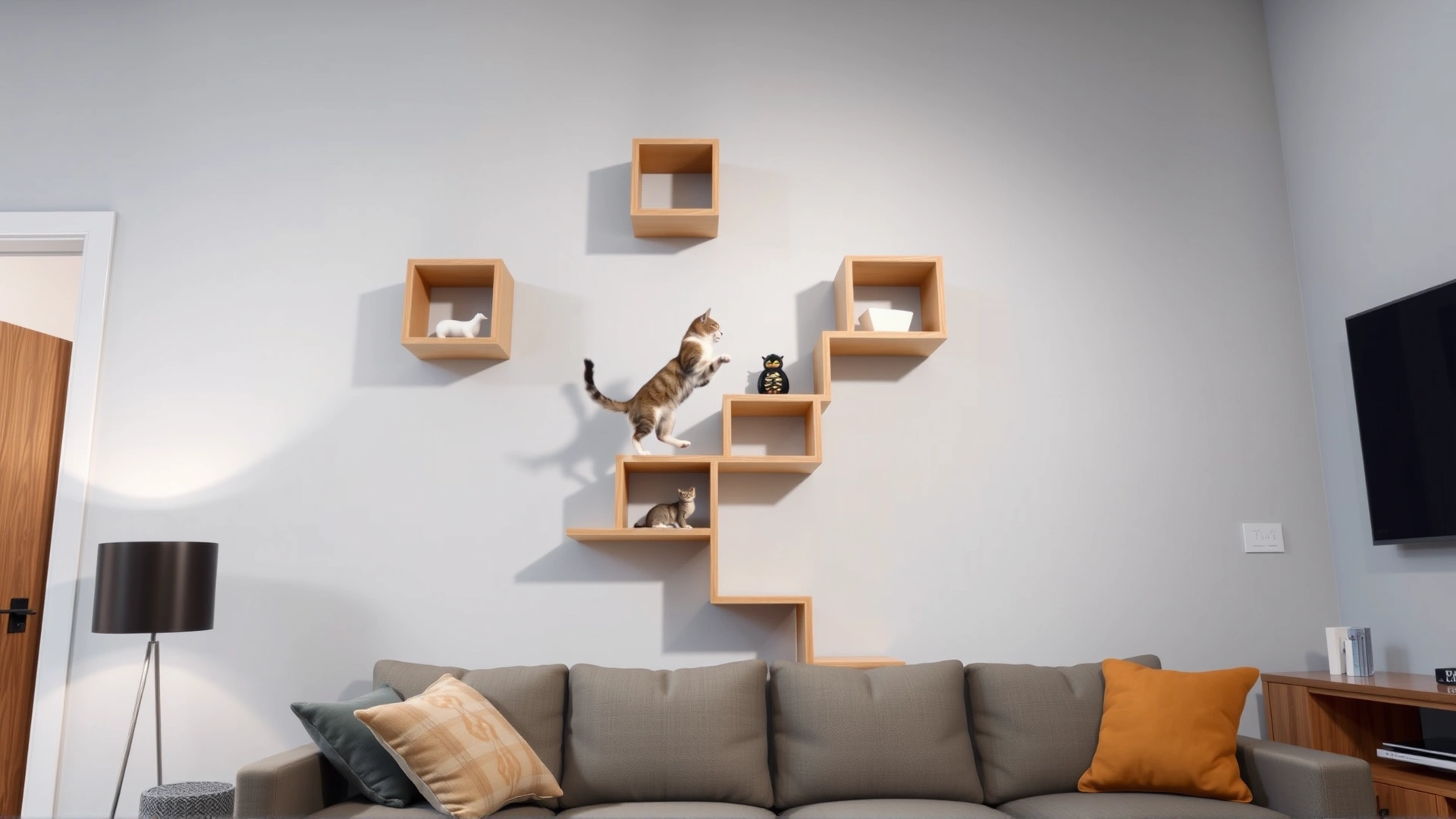 Modern living room corner with wall-mounted cat shelves forming a staircase to the ceiling; a playful cat is mid-jump between shelves.