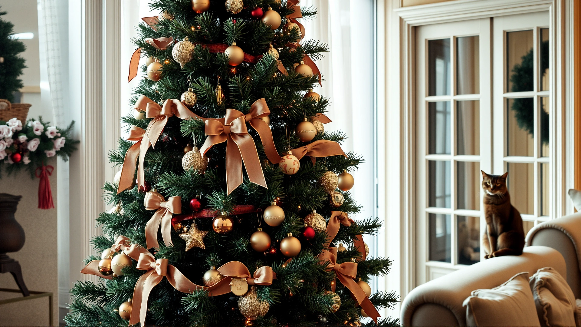 Elegant Christmas tree decorated with wide fabric ribbons, felt ornaments, and no tinsel; a cat sits at a respectful distance observing, cozy living room lighting, no text