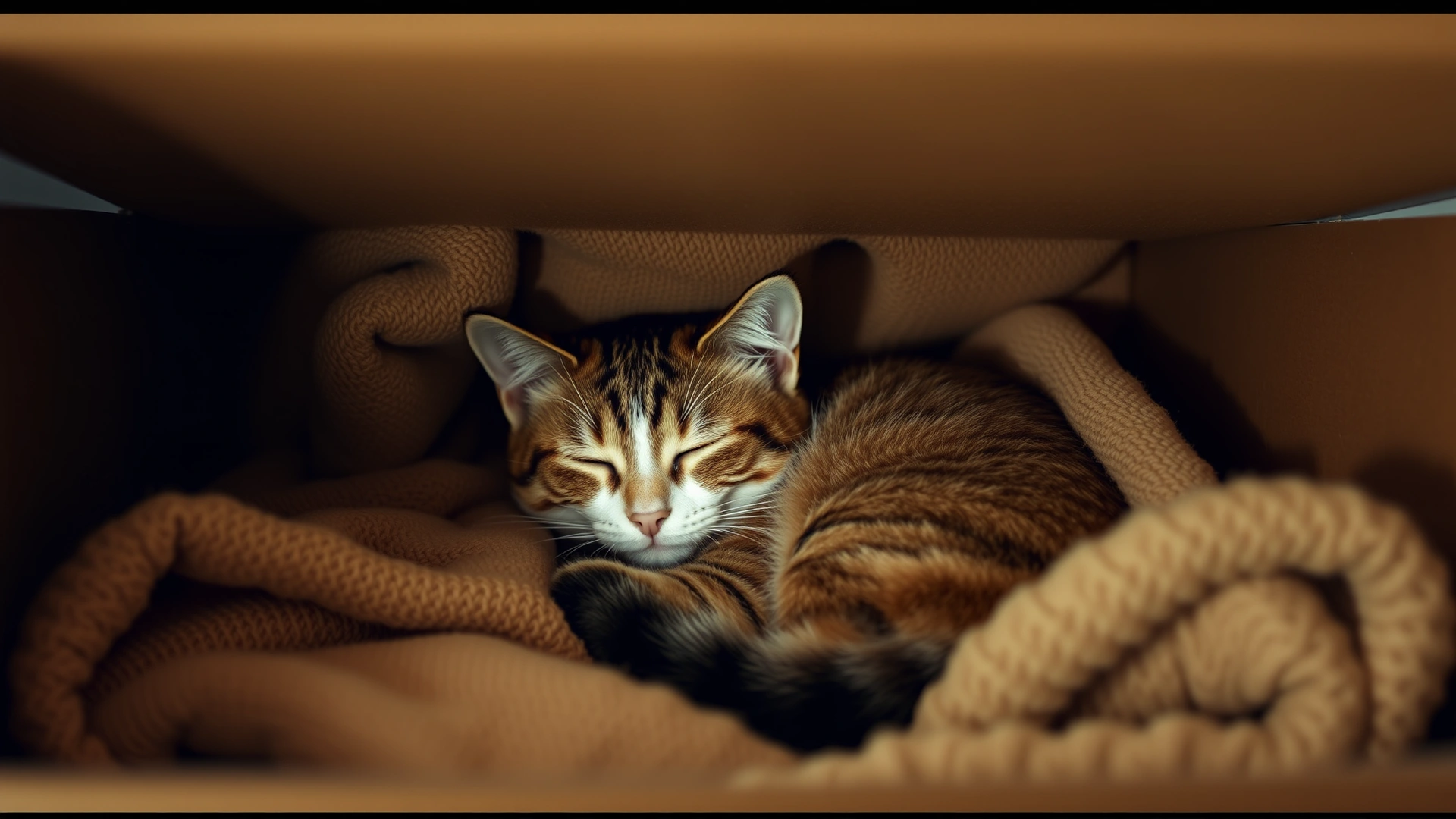 Close-up of a cat comfortably curled up inside a cardboard box lined with soft blankets in a dimly lit corner, illustrating a safe hiding spot.