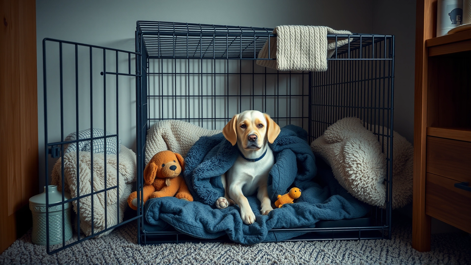 A small indoor crate lined with soft blankets and toys in a quiet corner, illustrating a safe den setup for dogs during storms.