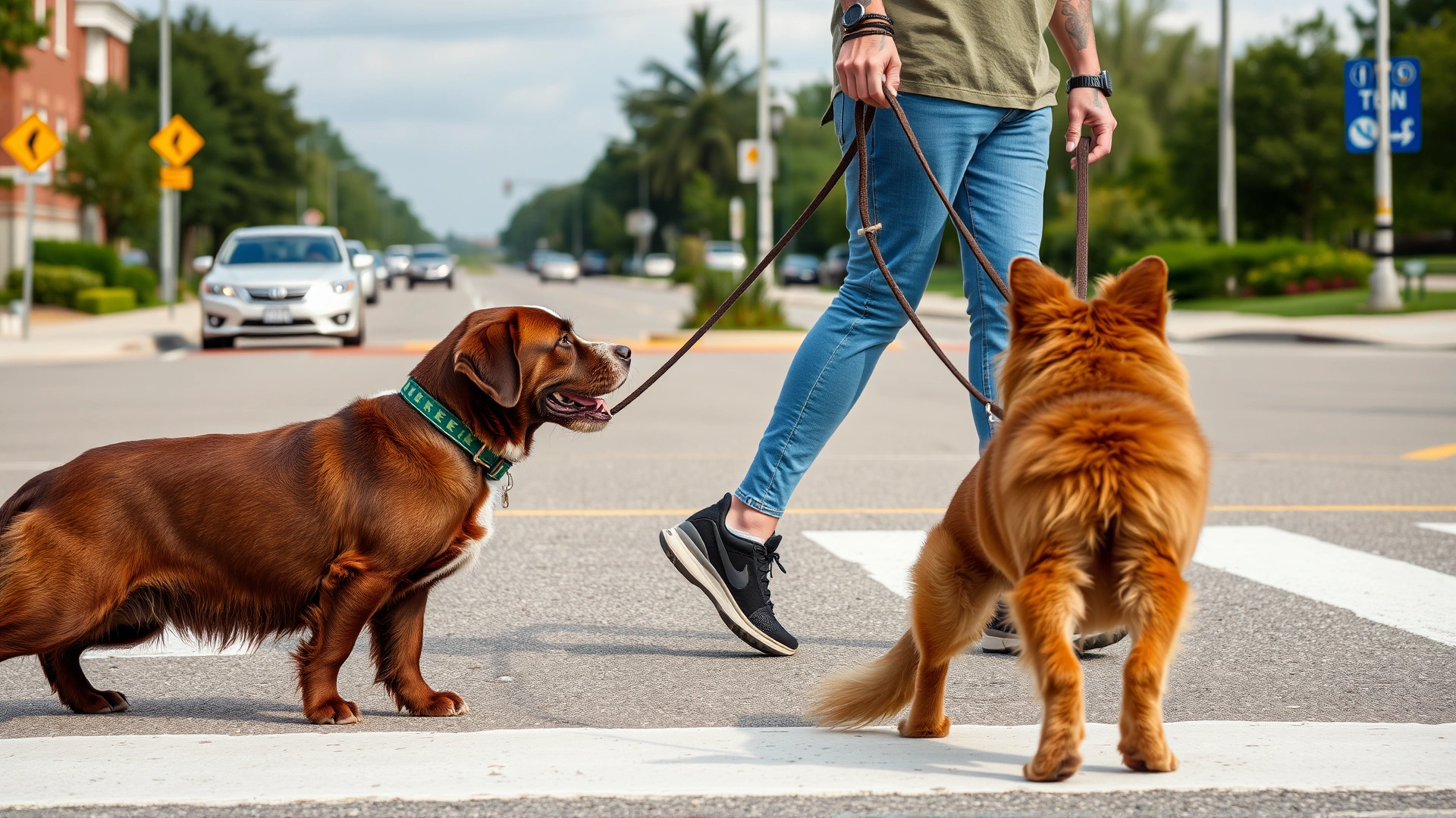 Pet owner crossing the street with their leashed dog to maintain a comfortable distance from an approaching dog.