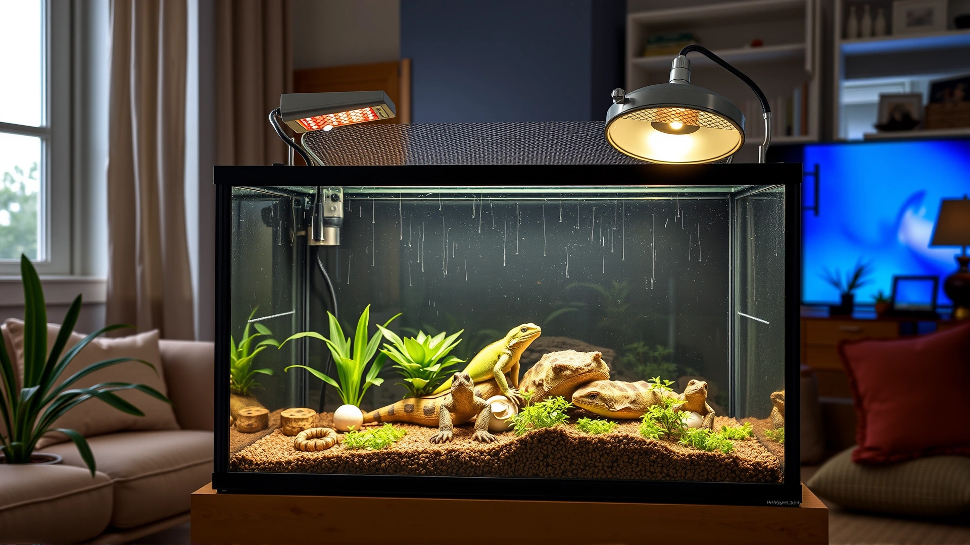 Well-designed reptile terrarium with lightweight décor, secure mesh lid, and properly positioned heat lamps in a living room.