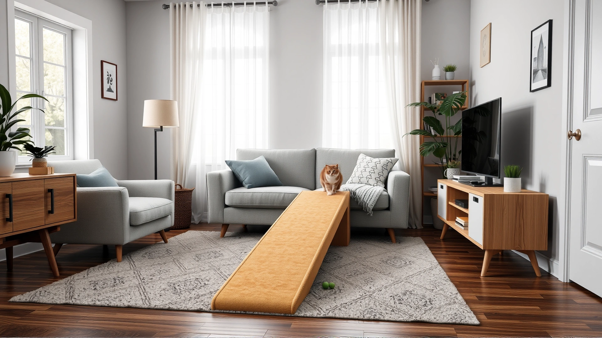 Living room corner with low cat ramp leading to a sofa, non-slip rugs, and furniture organized to prevent jumping, emphasizing safe environment for cat recovery