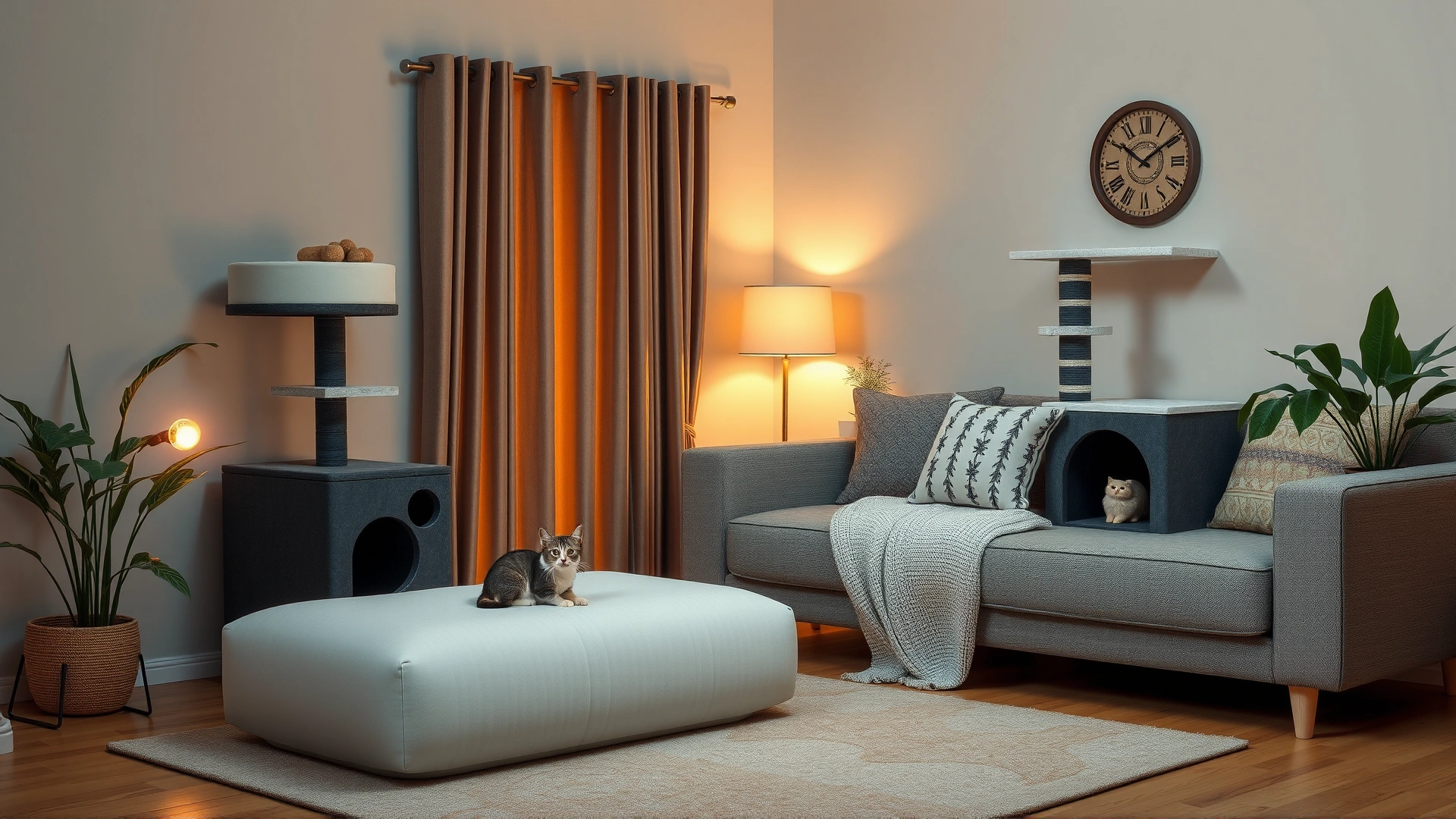 Cozy living room corner featuring a multi-level cat tree, a hideaway box, and a visible pheromone diffuser, warm ambient lighting.