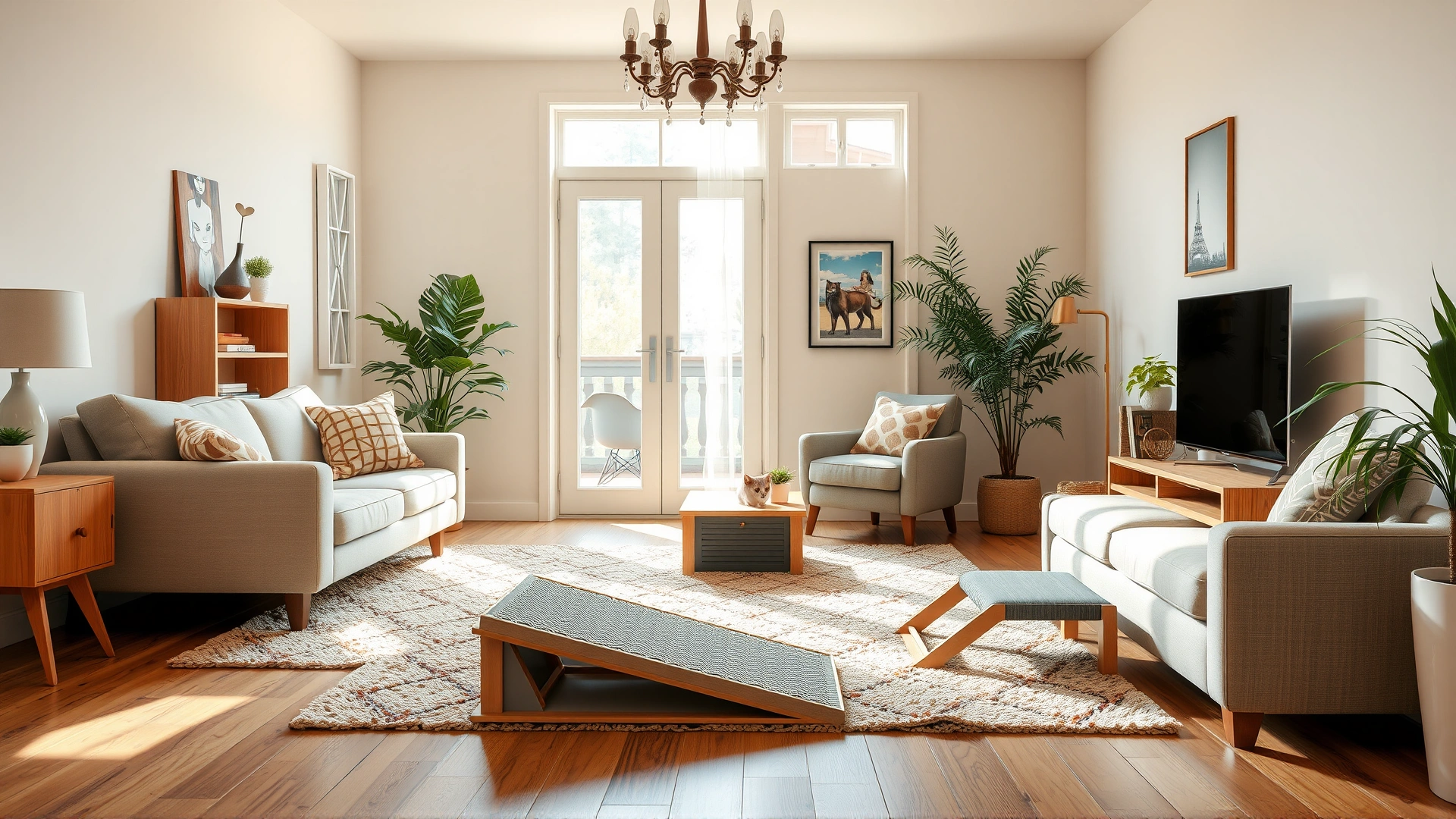 A living room designed for senior cat safety: low furniture, soft rugs, pet ramps, and natural warm lighting.