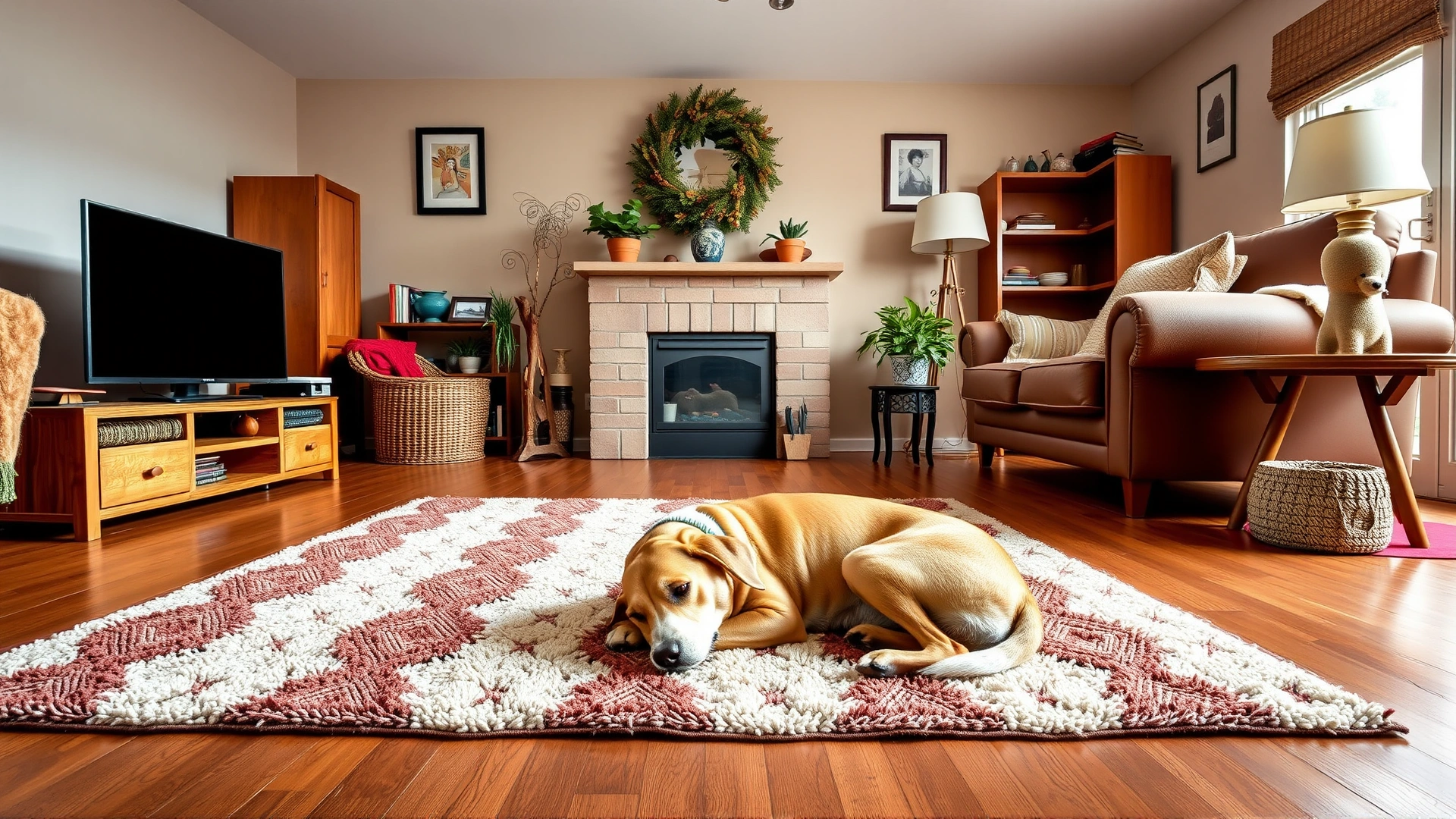 Cozy living room with non-slip rugs, low furniture, and a senior dog resting comfortably, showcasing a safe home setup.