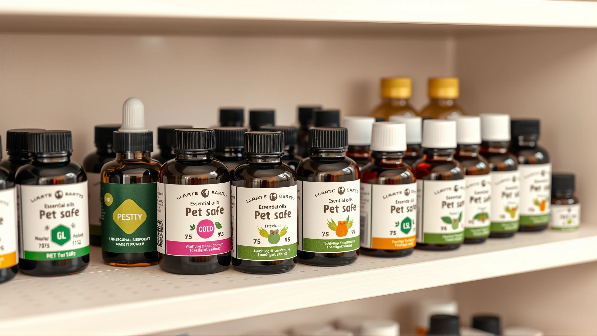Neatly arranged shelf with pet-safe essential oil products and clear labeling, soft lighting