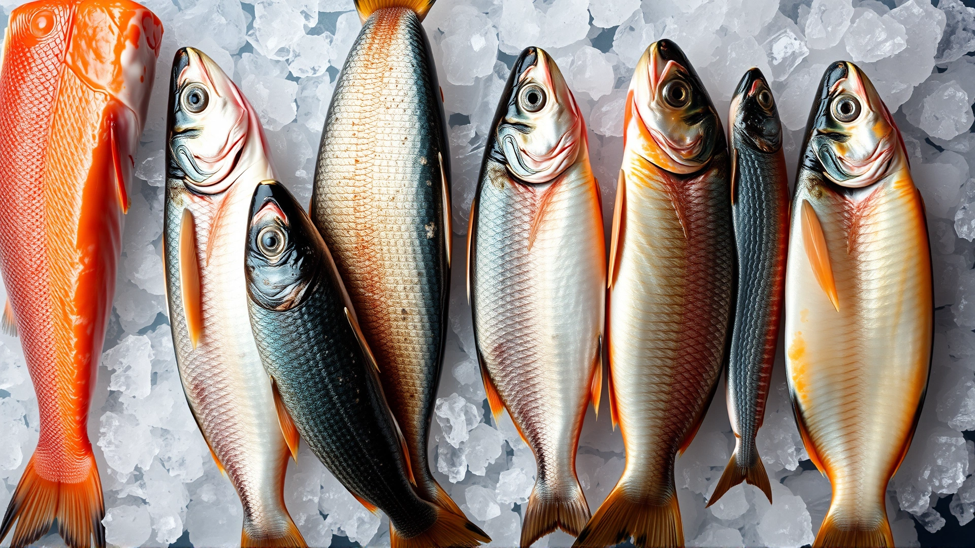 Top-down view of assorted safe fish for dogs (salmon, sardines, cod) displayed on crushed ice without any labels