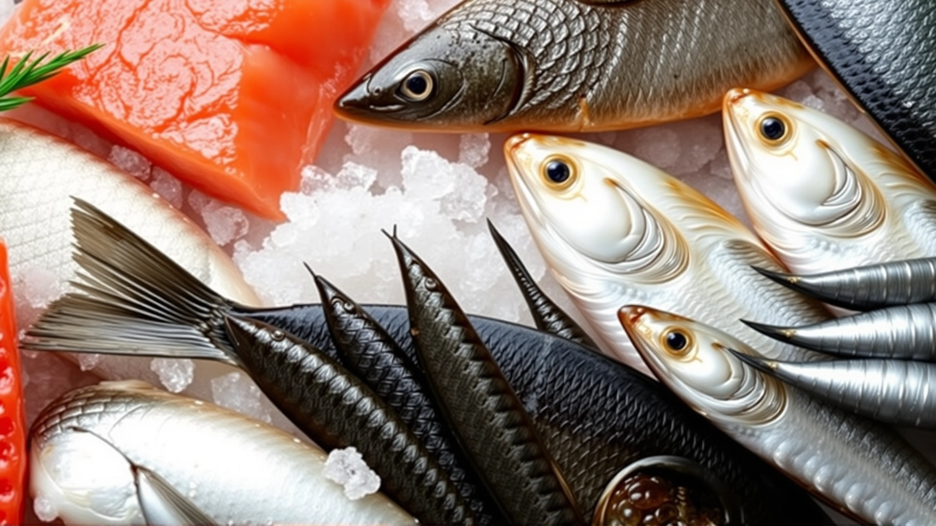 Assortment of dog-safe fish varieties—salmon fillet, sardines, whitefish—arranged on crushed ice