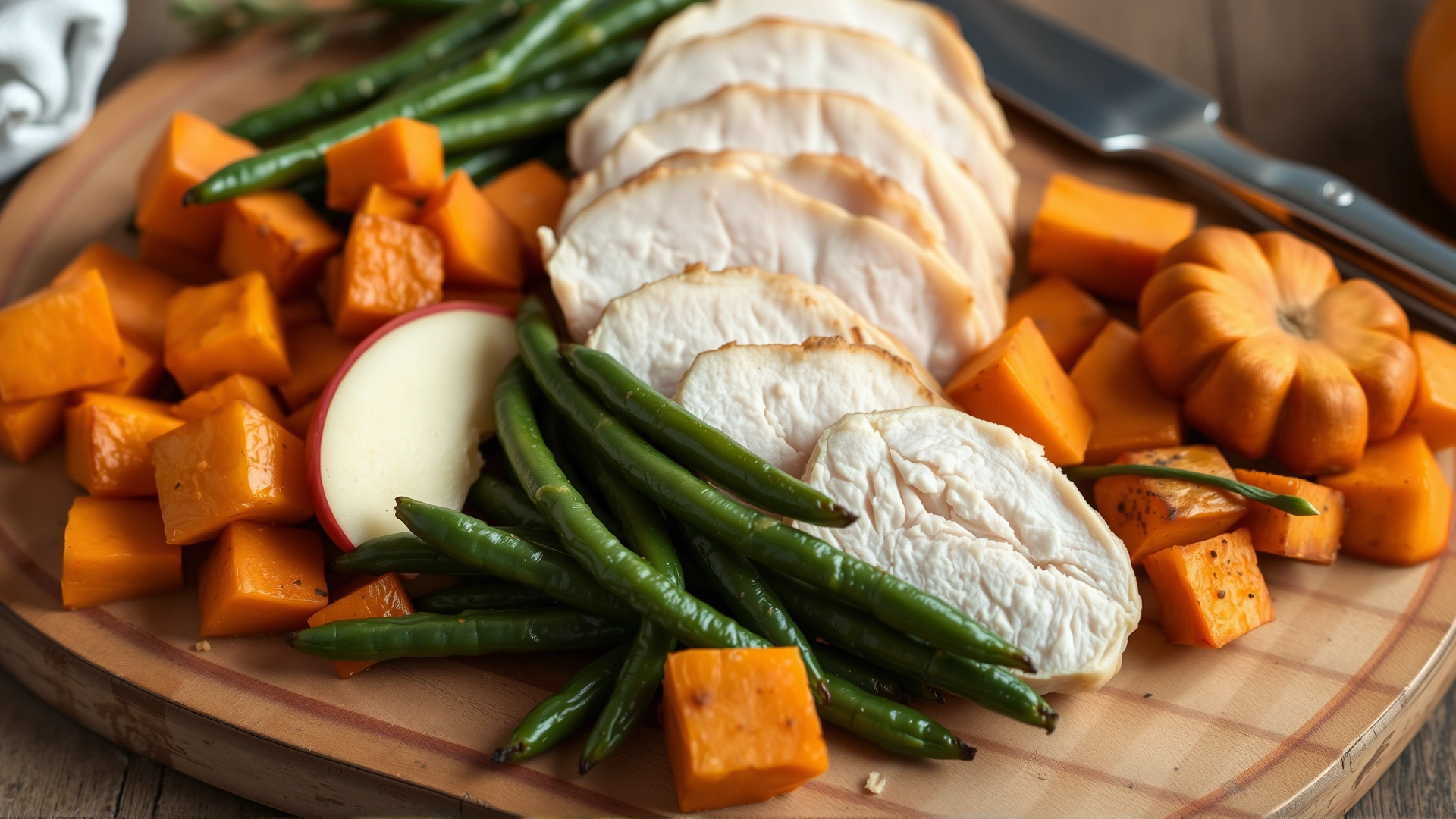 Neatly arranged platter showing dog-safe Thanksgiving foods: plain turkey slices, steamed green beans, cooked sweet potato cubes, apple slices, and pumpkin chunks on a rustic wooden board.