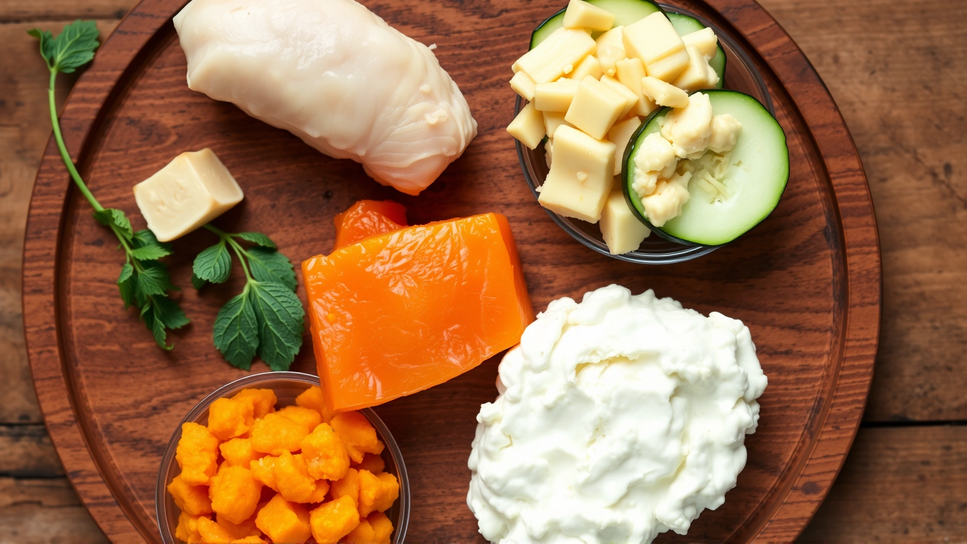 Top-down view of a wooden board displaying small portions of cat-safe foods: boiled chicken cubes, steamed salmon, mashed pumpkin, zucchini slices, and cottage cheese, vibrant colors, no text