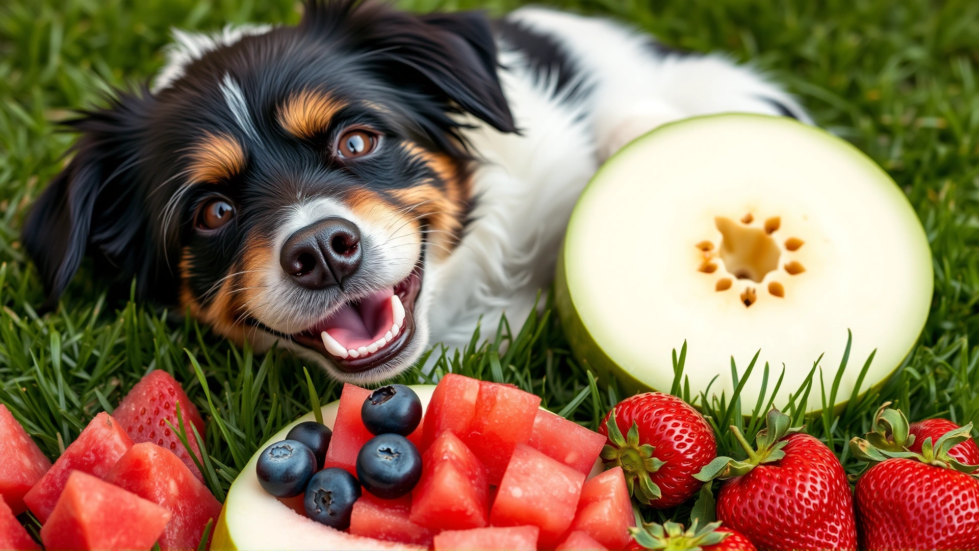 Colorful assortment of dog-safe fruits (apple slices without seeds, blueberries, watermelon cubes without seeds, strawberries) arranged around a smiling dog relaxing on grass