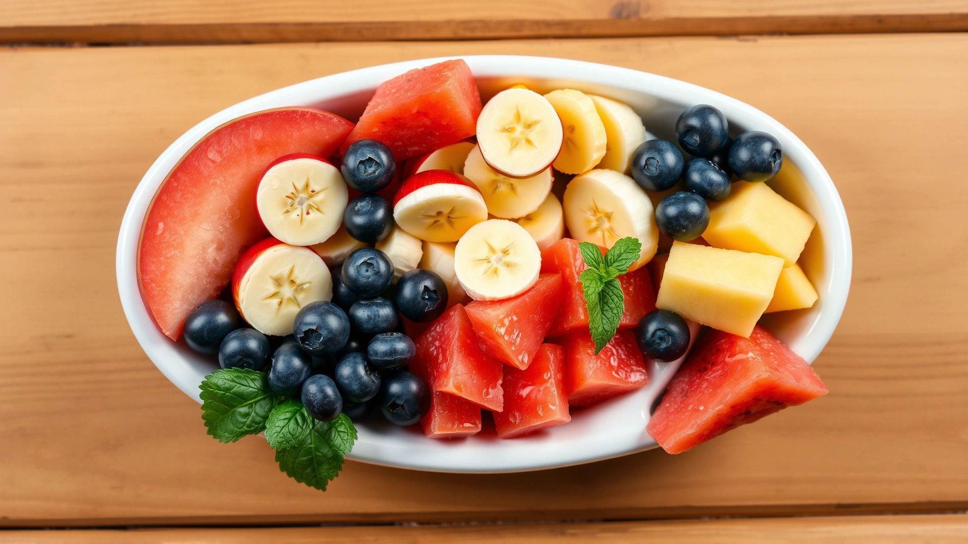 Top-view assortment of dog-safe fruits such as apple slices, banana pieces, blueberries, and watermelon cubes neatly arranged in a dog bowl on a wooden surface