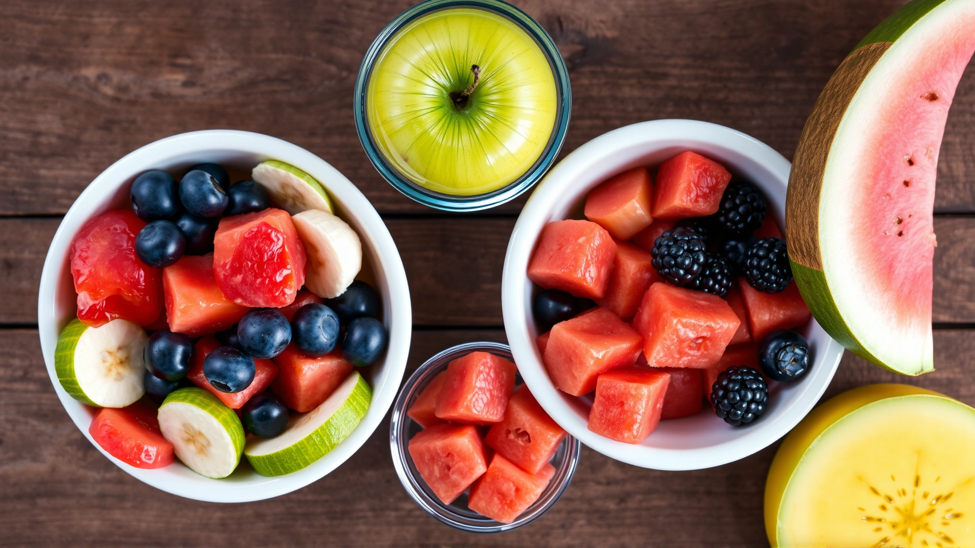 Assorted dog-safe fruits (apple slices, blueberries, banana pieces, watermelon cubes) arranged in separate bowls on a wooden surface