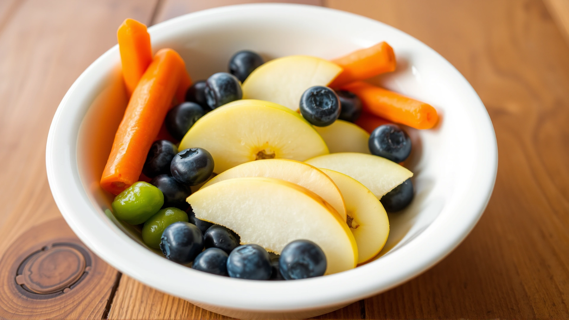 Colorful bowl filled with dog-safe fruits and vegetables (apple slices, blueberries, carrot sticks) on a rustic table, bright and inviting