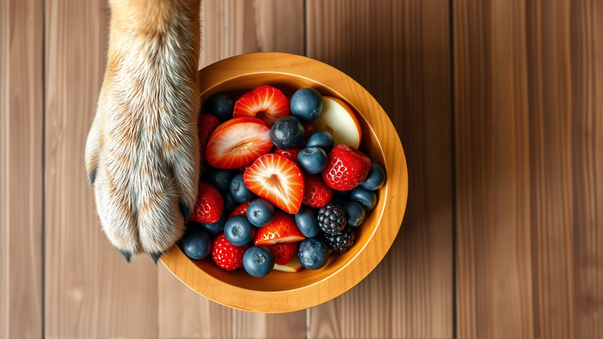 Top-down view of a wooden bowl filled with dog-safe fruits such as blueberries, strawberries and apple slices, with a dog’s paw reaching toward the bowl