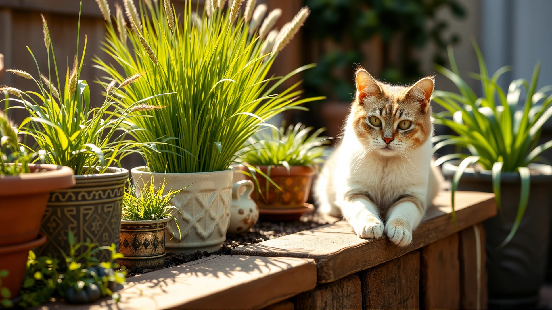 Section of a backyard garden featuring cat-safe plants like catnip, wheatgrass, and spider plants in decorative pots, warm sunlight, no text