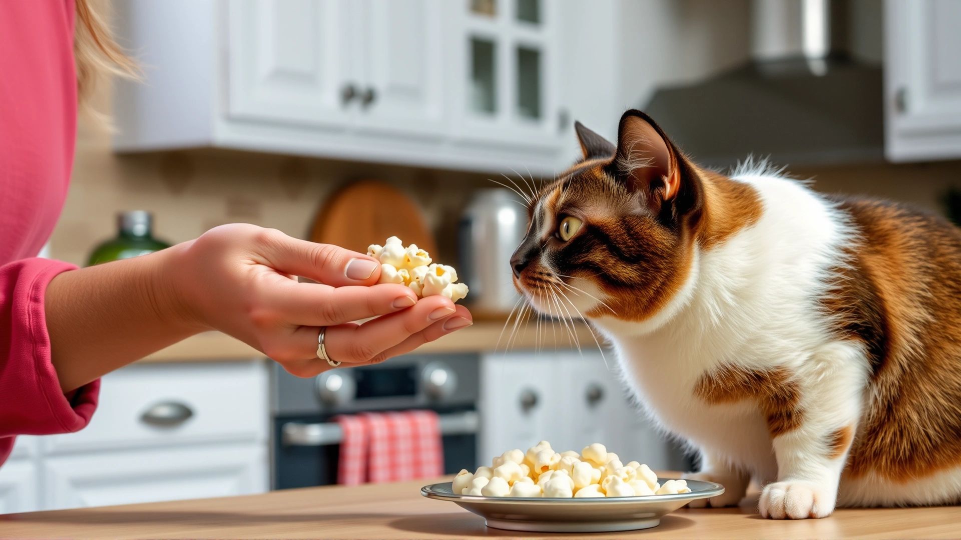 Pet owner gently offering a single piece of plain popcorn to a cat in a well-lit kitchen, demonstrating safe hand-feeding, no text