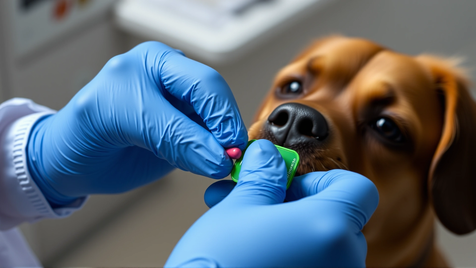 Person wearing blue nitrile gloves placing a small pill into a green pill pocket treat for a pet