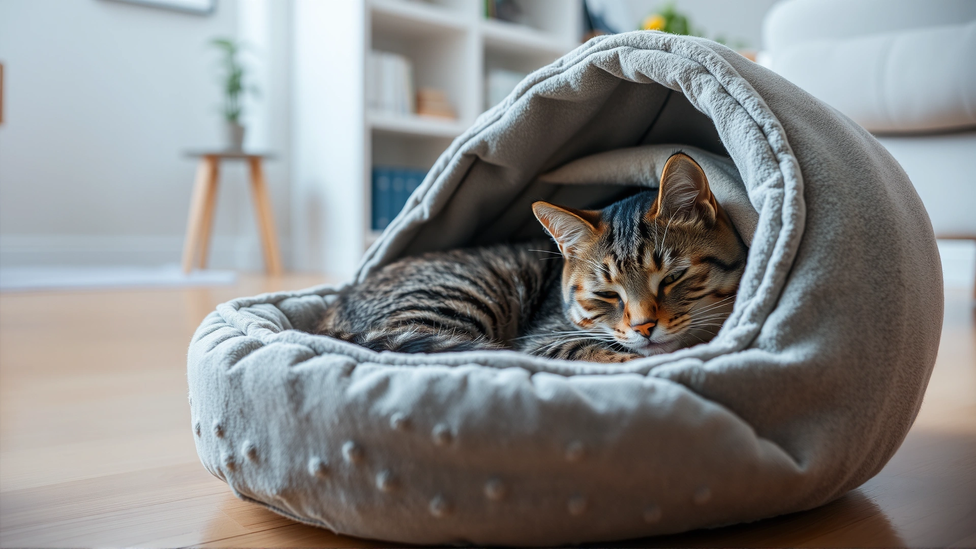 Tabby cat resting inside a covered cat bed placed in a quiet corner of a living room