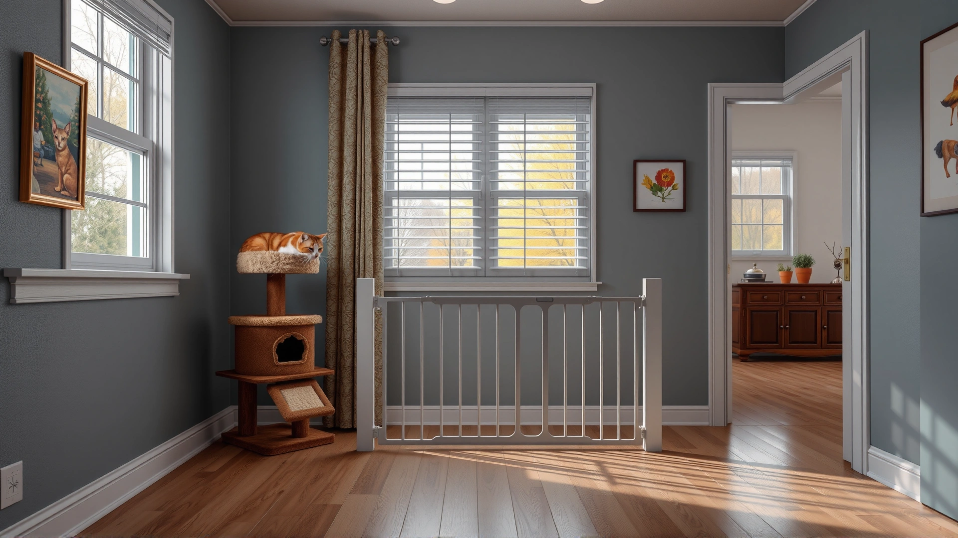 Interior shot showing a cozy cat tree near a window and a baby gate separating a hallway, illustrating separate safe spaces for pets.