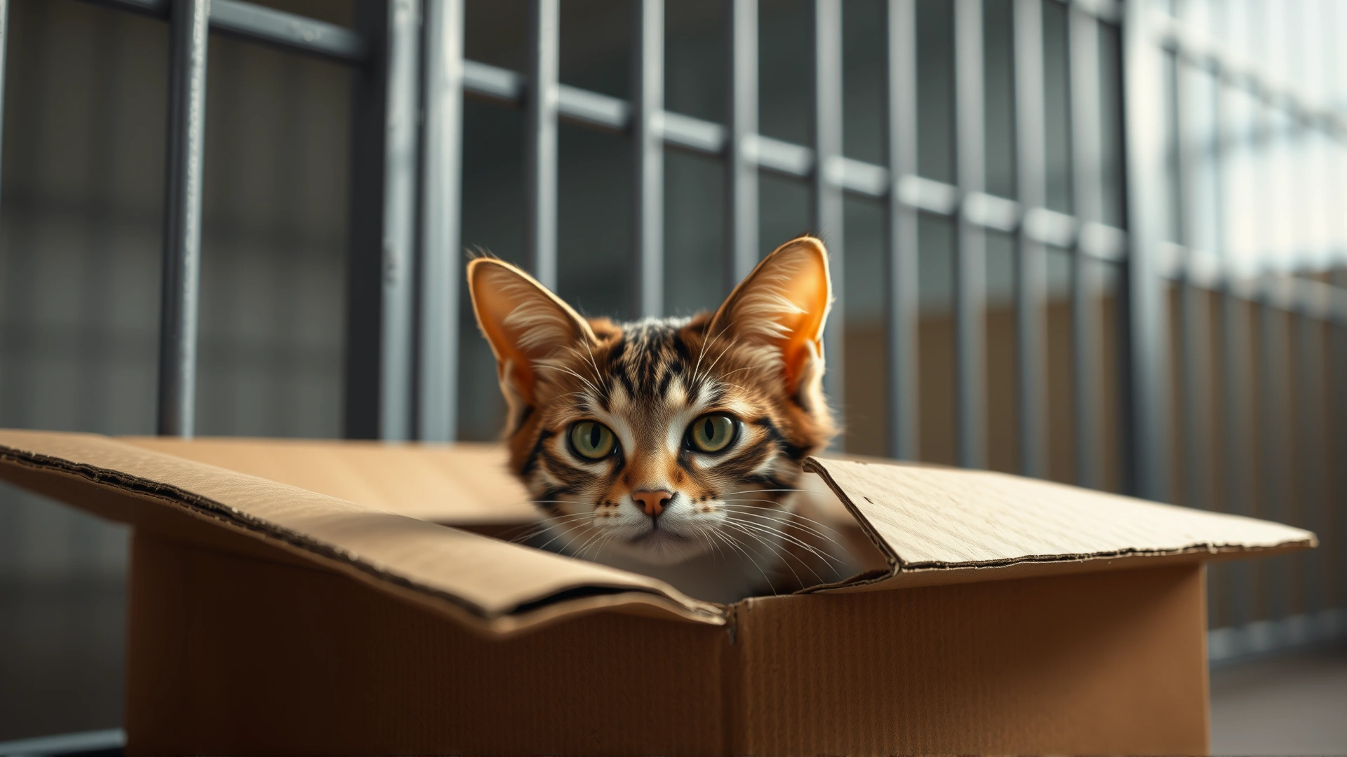 Shelter environment with a shy cat half-hidden inside a cardboard box, soft focus background of kennel bars to illustrate stress relief.