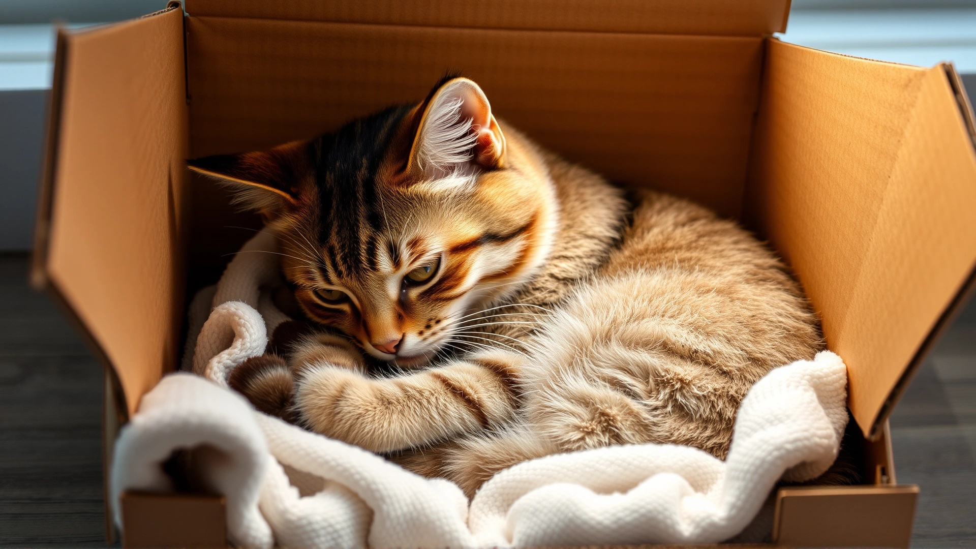 A tabby cat comfortably curled up inside a cardboard box lined with a soft towel, demonstrating a safe hideaway.